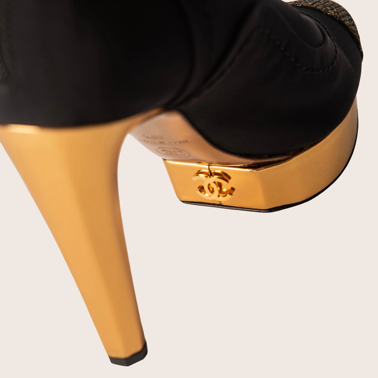 Chanel Black and Gold Ankle Platform Heeled Boots