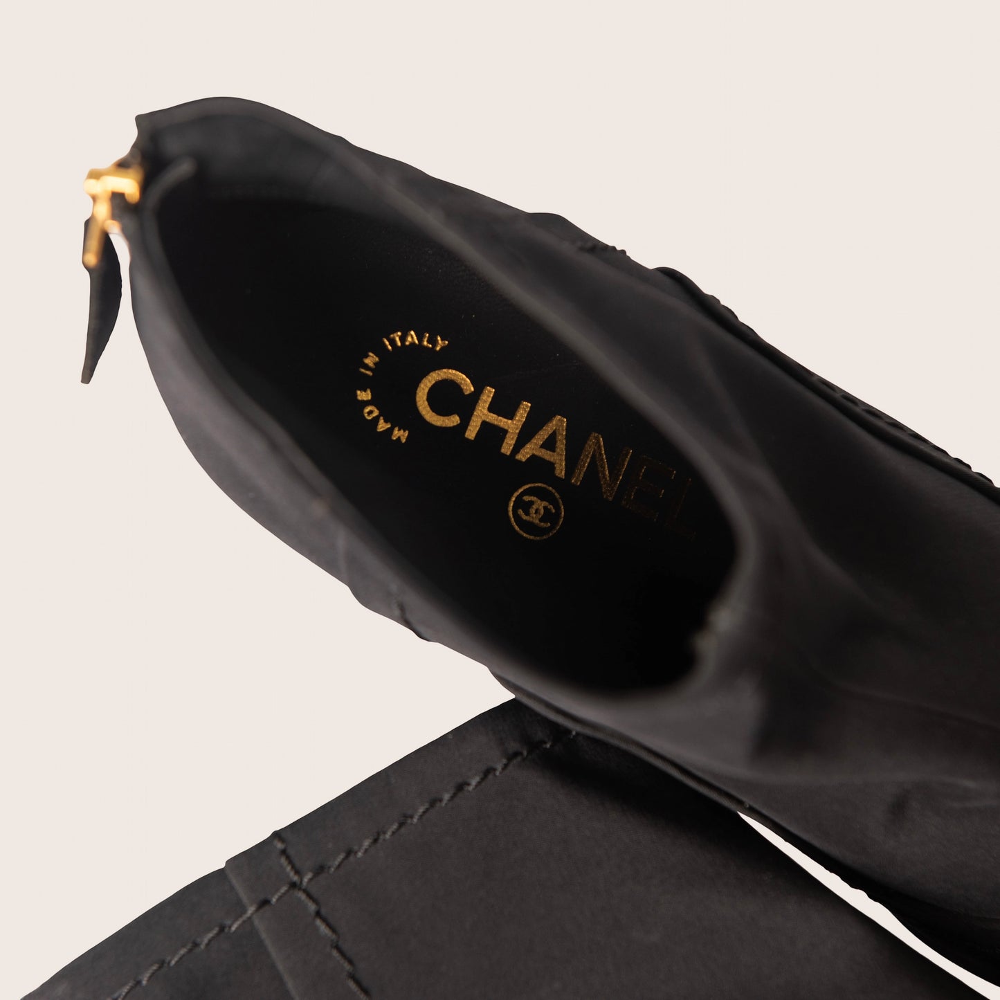 Chanel Black and Gold Ankle Platform Heeled Boots