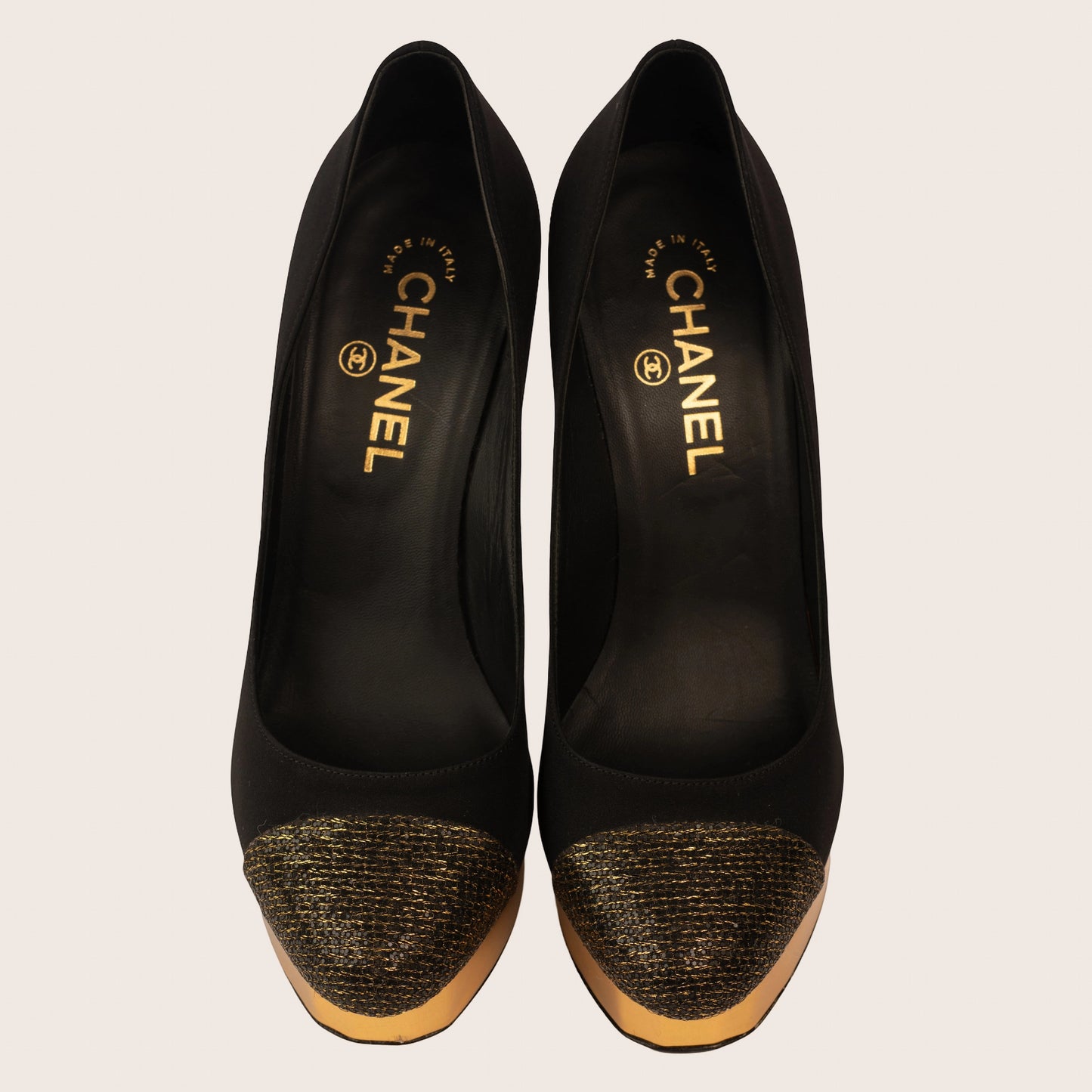 Chanel Black Satin & Gold Platform Heels with Metallic Toe Cap