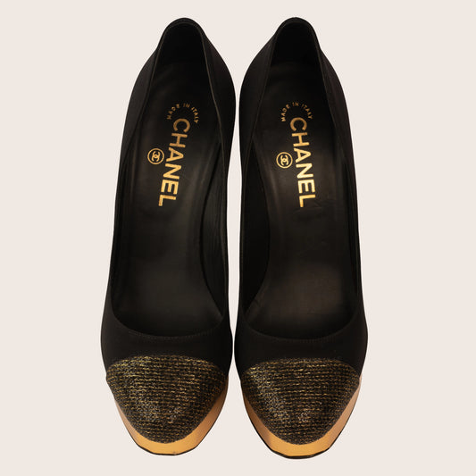 Chanel Black Satin & Gold Platform Heels with Metallic Toe Cap