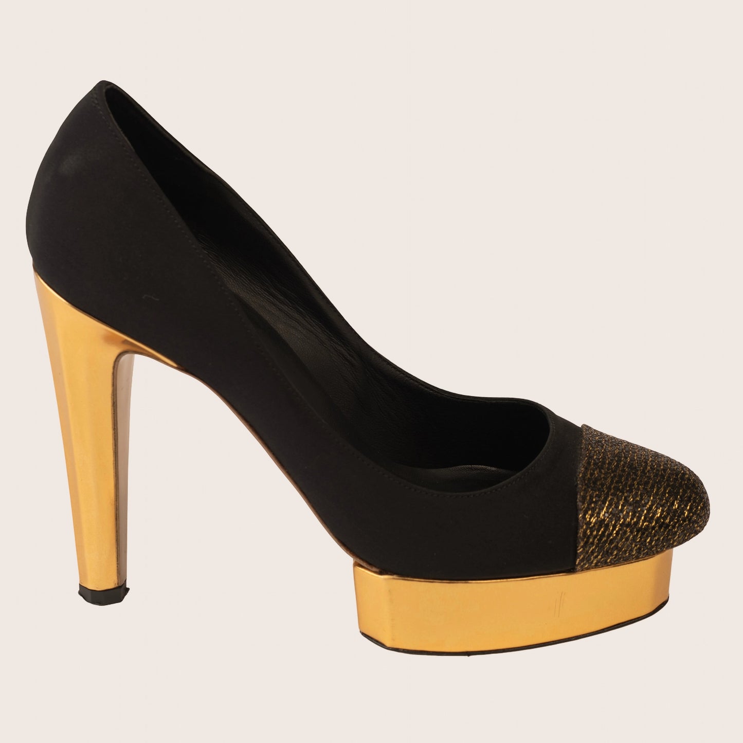 Chanel Black Satin & Gold Platform Heels with Metallic Toe Cap