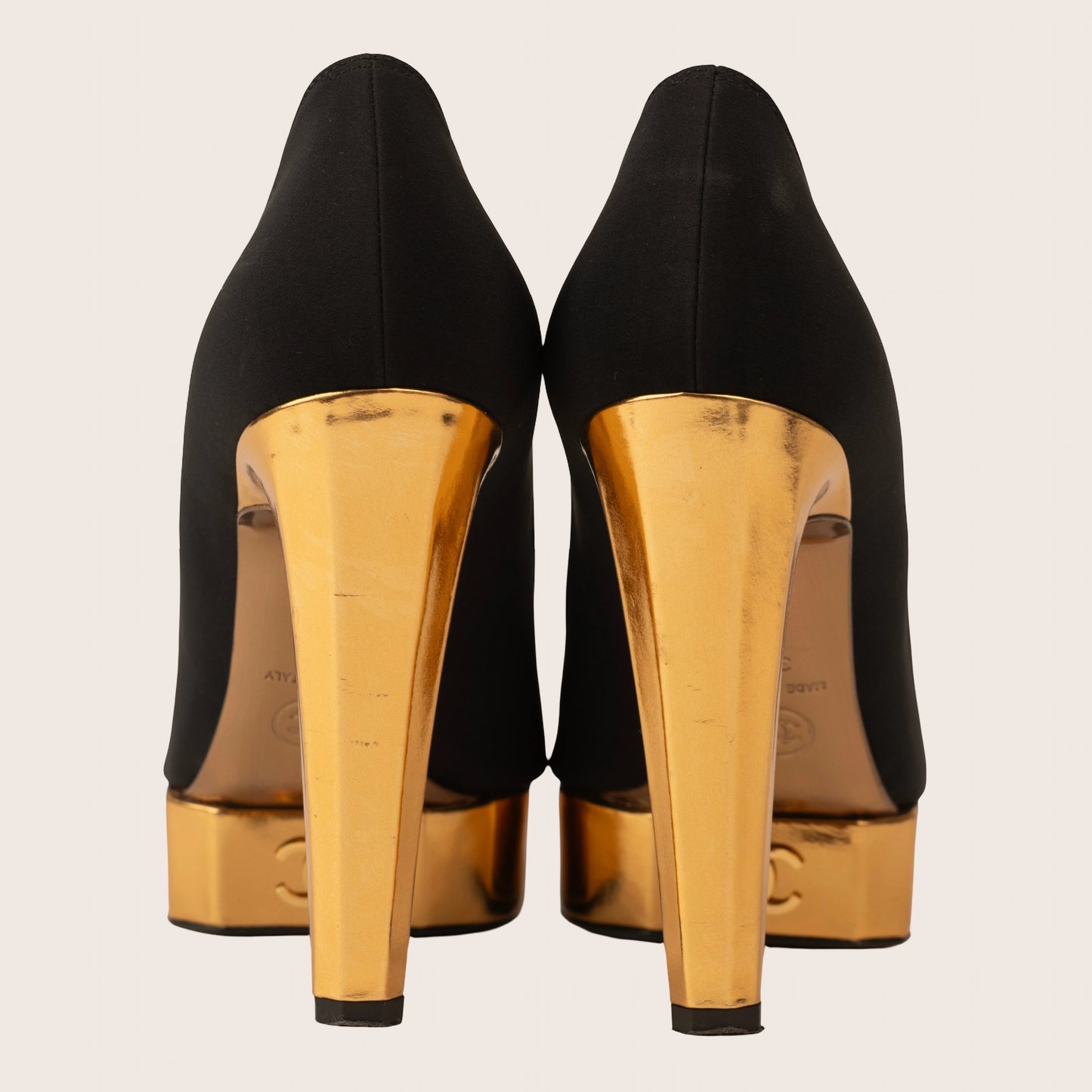 Chanel Black Satin & Gold Platform Heels with Metallic Toe Cap