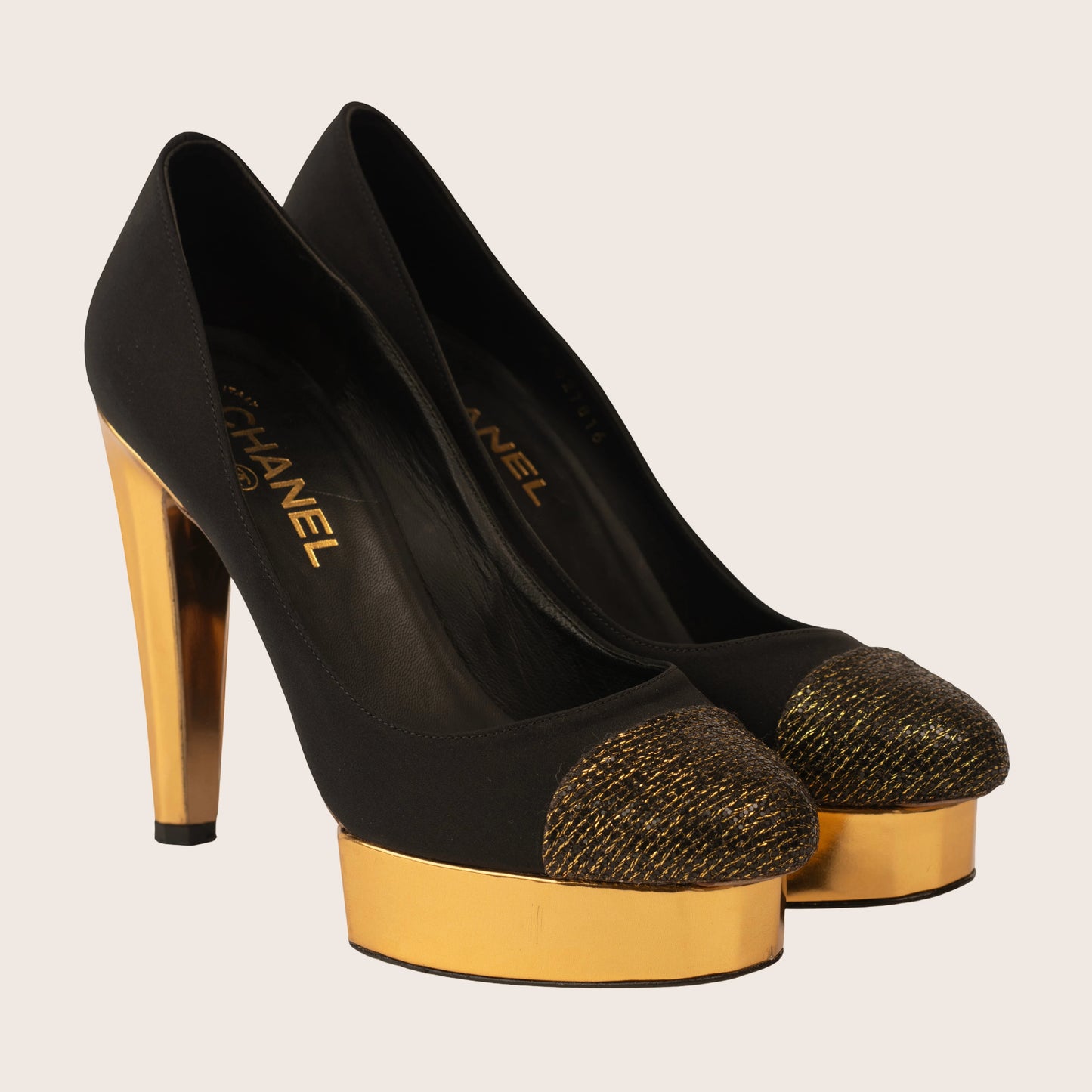 Chanel Black Satin & Gold Platform Heels with Metallic Toe Cap