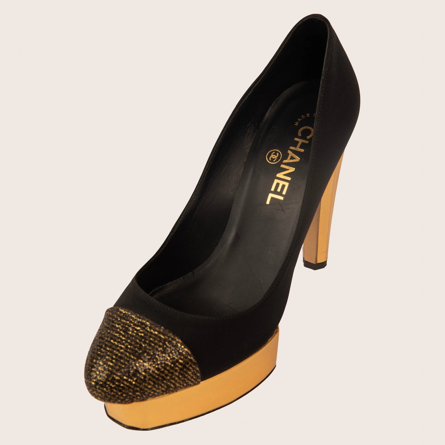 Chanel Black Satin & Gold Platform Heels with Metallic Toe Cap