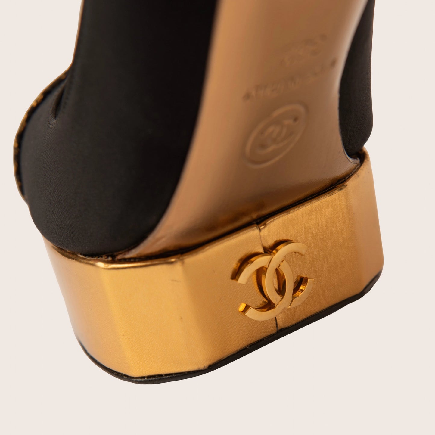 Chanel Black Satin & Gold Platform Heels with Metallic Toe Cap