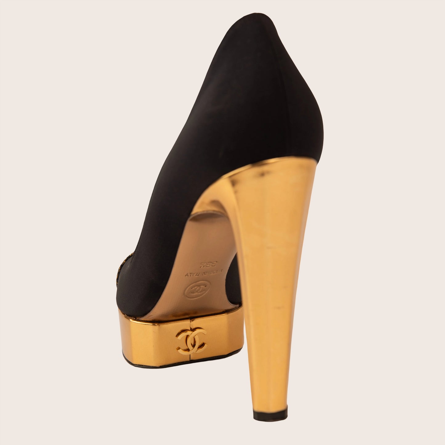 Chanel Black Satin & Gold Platform Heels with Metallic Toe Cap