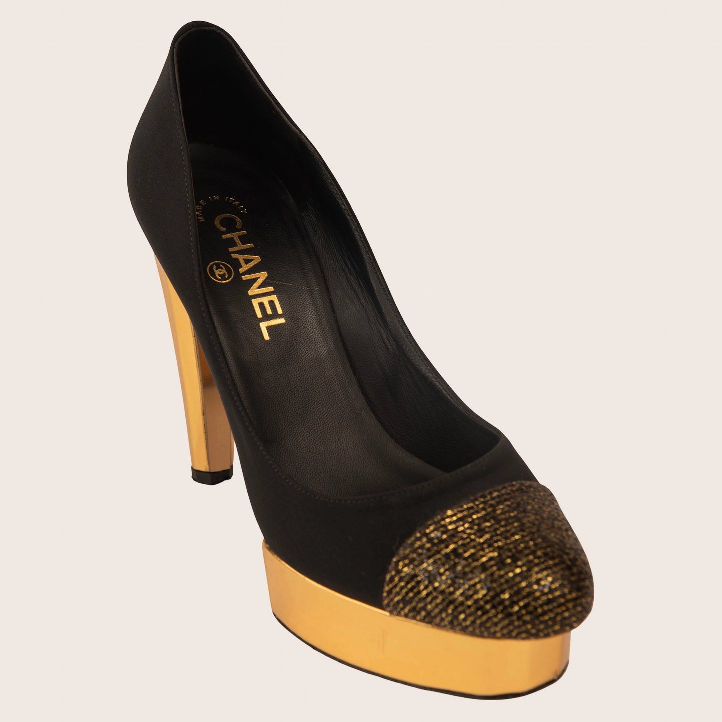 Chanel Black Satin & Gold Platform Heels with Metallic Toe Cap