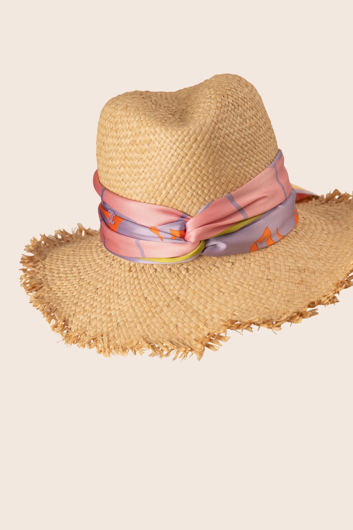Chanel Straw Hat with Silk Scarf