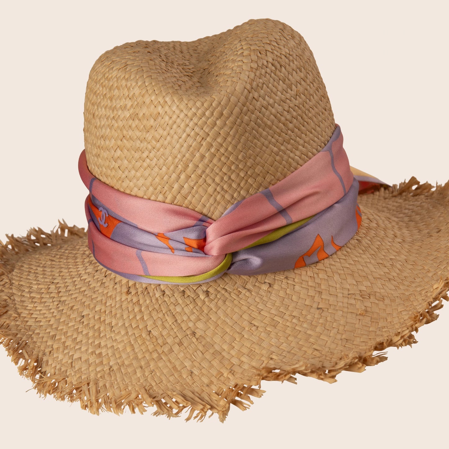 Chanel Straw Hat with Silk Scarf