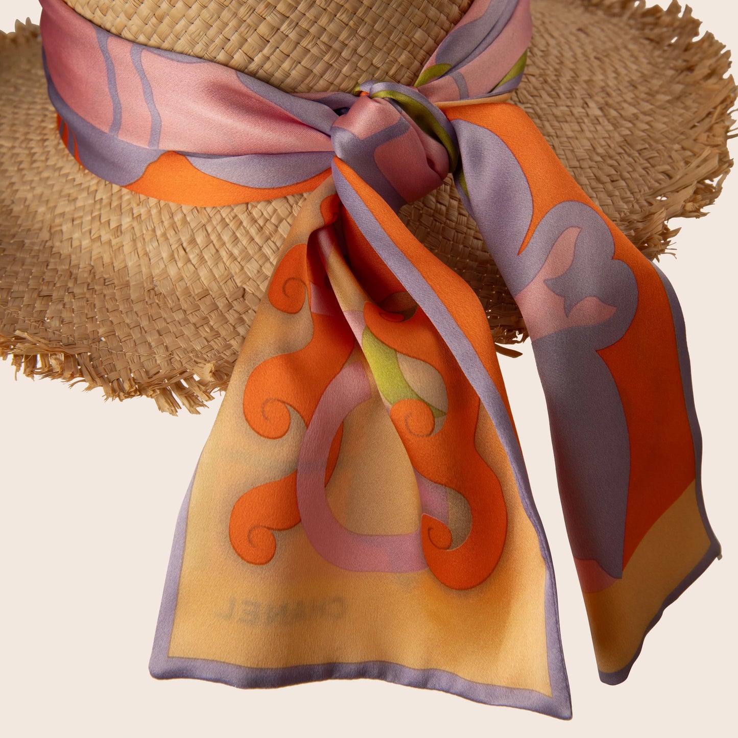 Chanel Straw Hat with Silk Scarf
