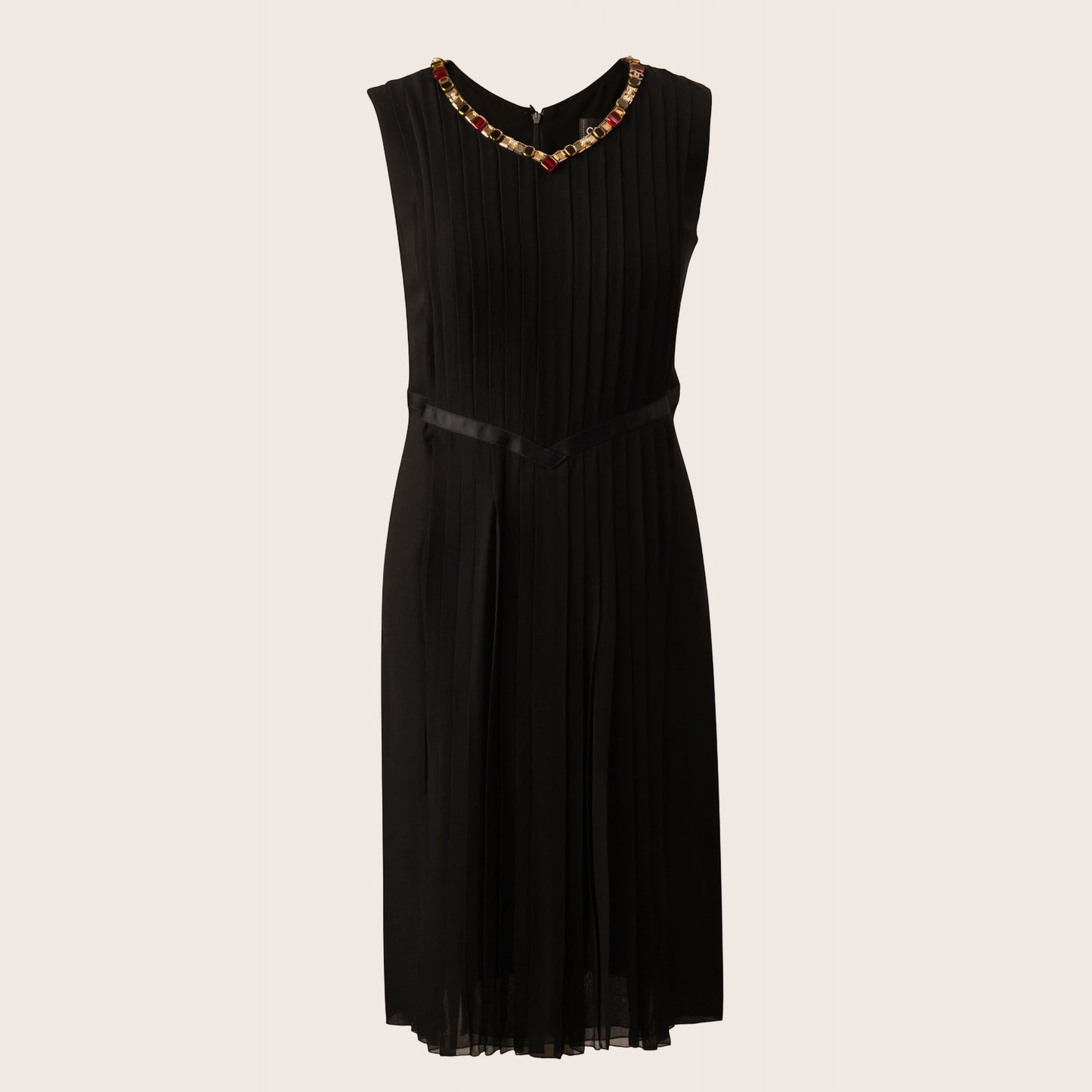 Chanel Black Pleated Sleeveless Dress with Beaded Jewel Neckline