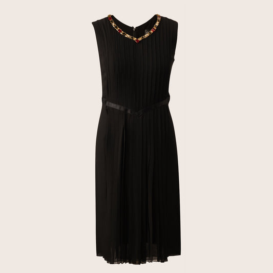 Chanel Black Pleated Sleeveless Dress with Beaded Jewel Neckline