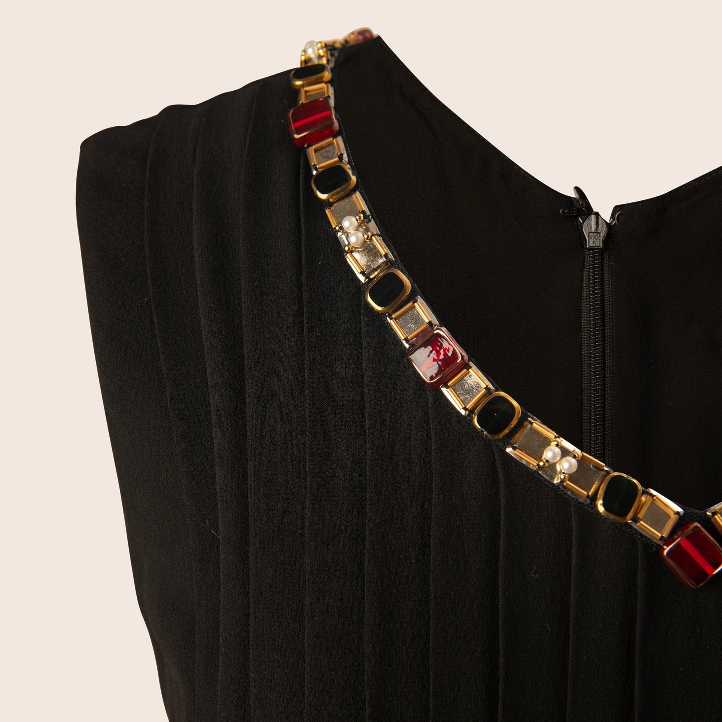 Chanel Black Pleated Sleeveless Dress with Beaded Jewel Neckline