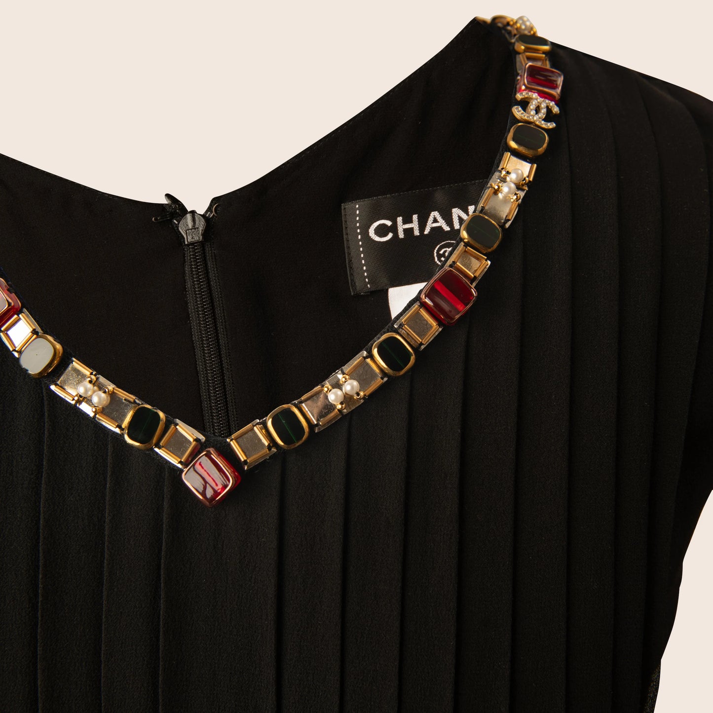 Chanel Black Pleated Sleeveless Dress with Beaded Jewel Neckline