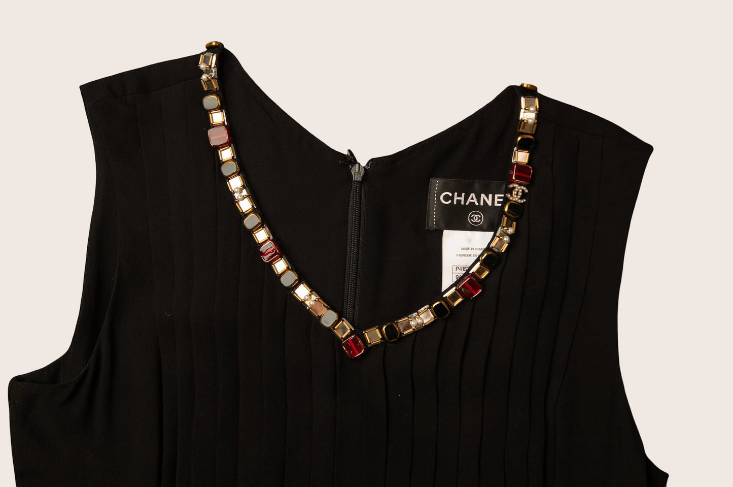 Chanel Black Pleated Sleeveless Dress with Beaded Jewel Neckline