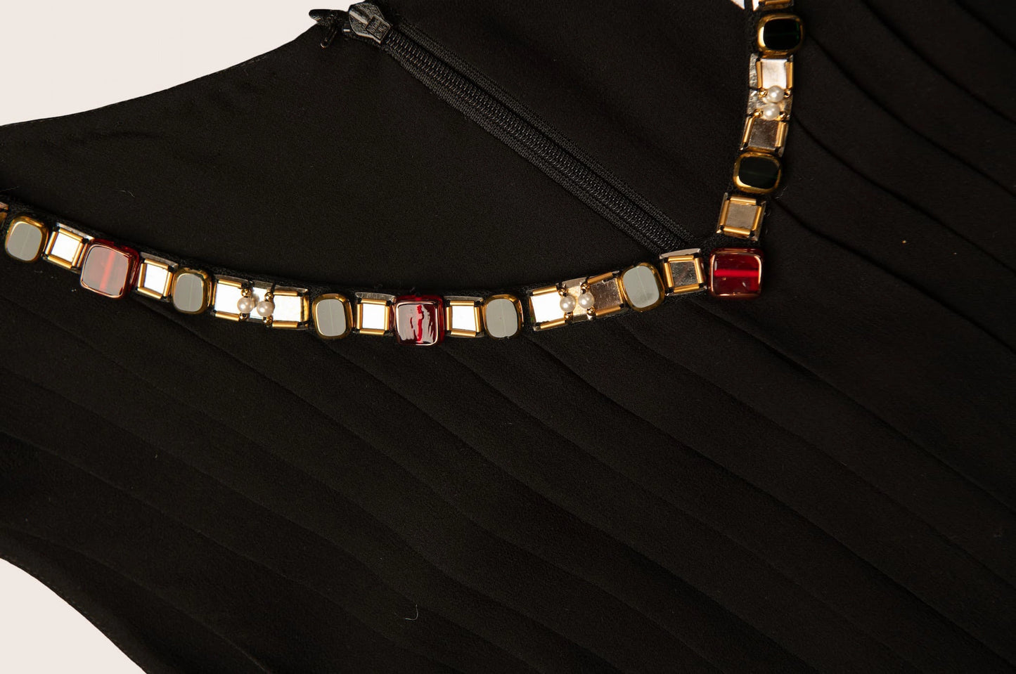 Chanel Black Pleated Sleeveless Dress with Beaded Jewel Neckline