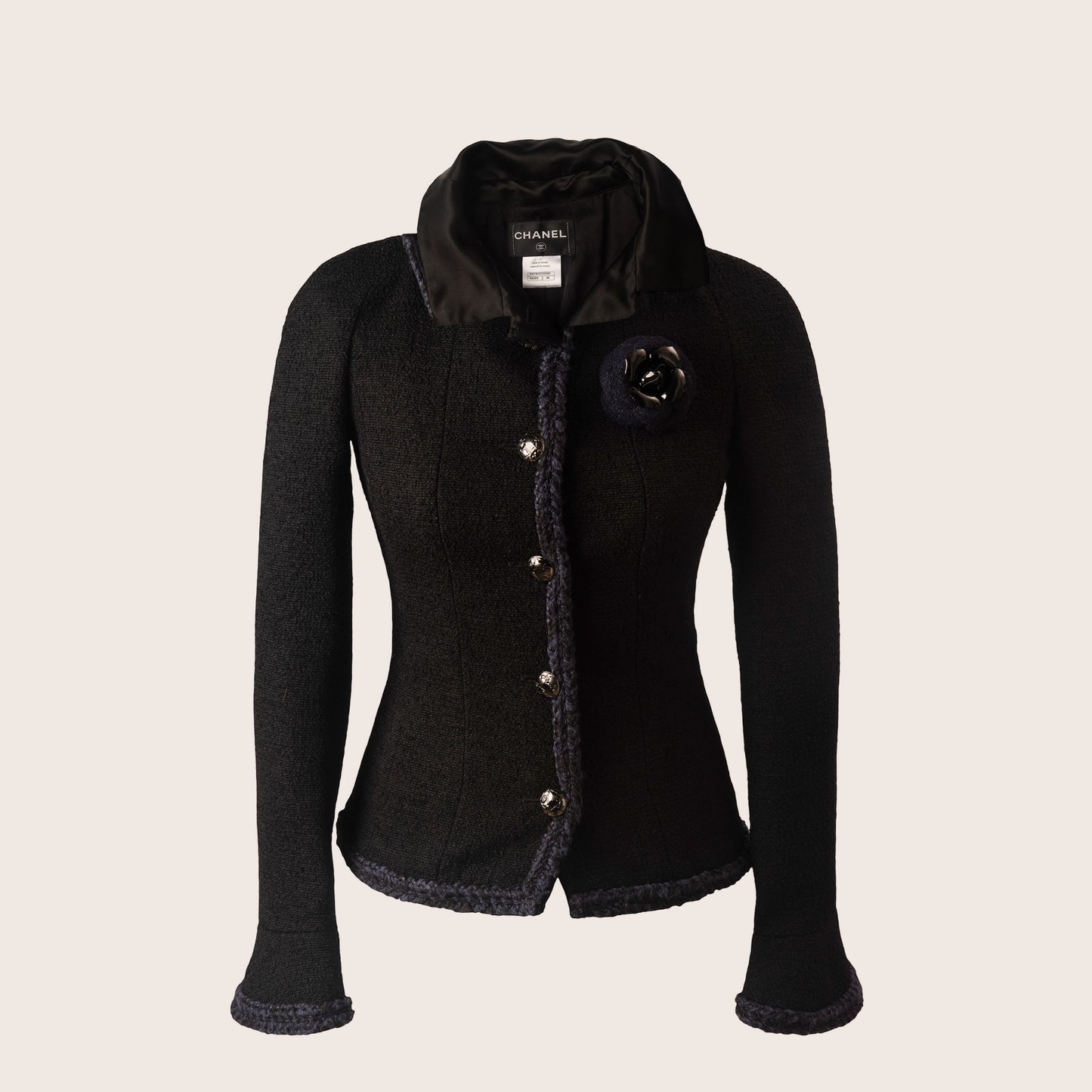 Chanel Black Tweed Jacket with Satin Collar