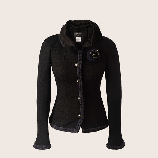 Chanel Black Tweed Jacket with Satin Collar