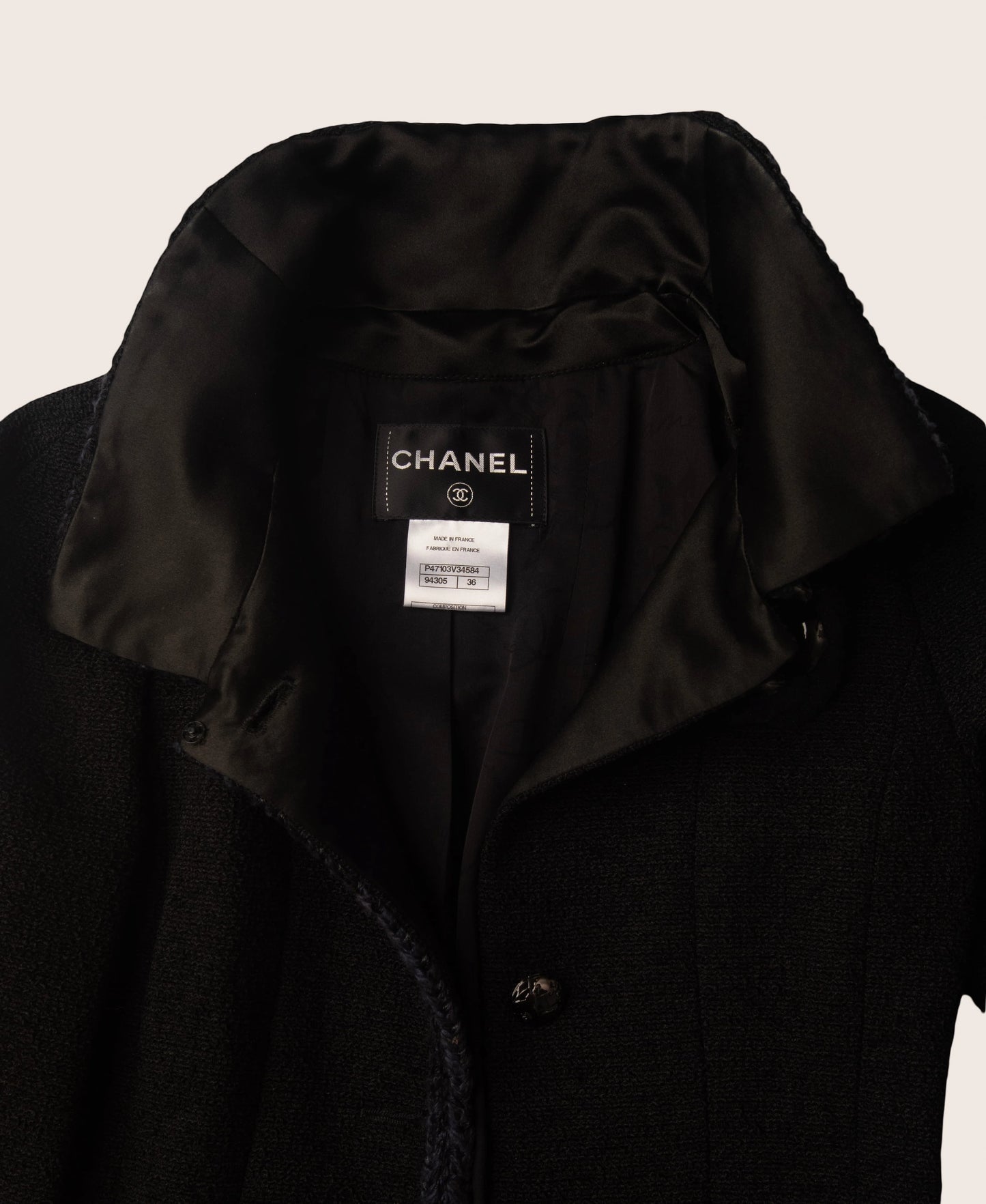 Chanel Black Tweed Jacket with Satin Collar