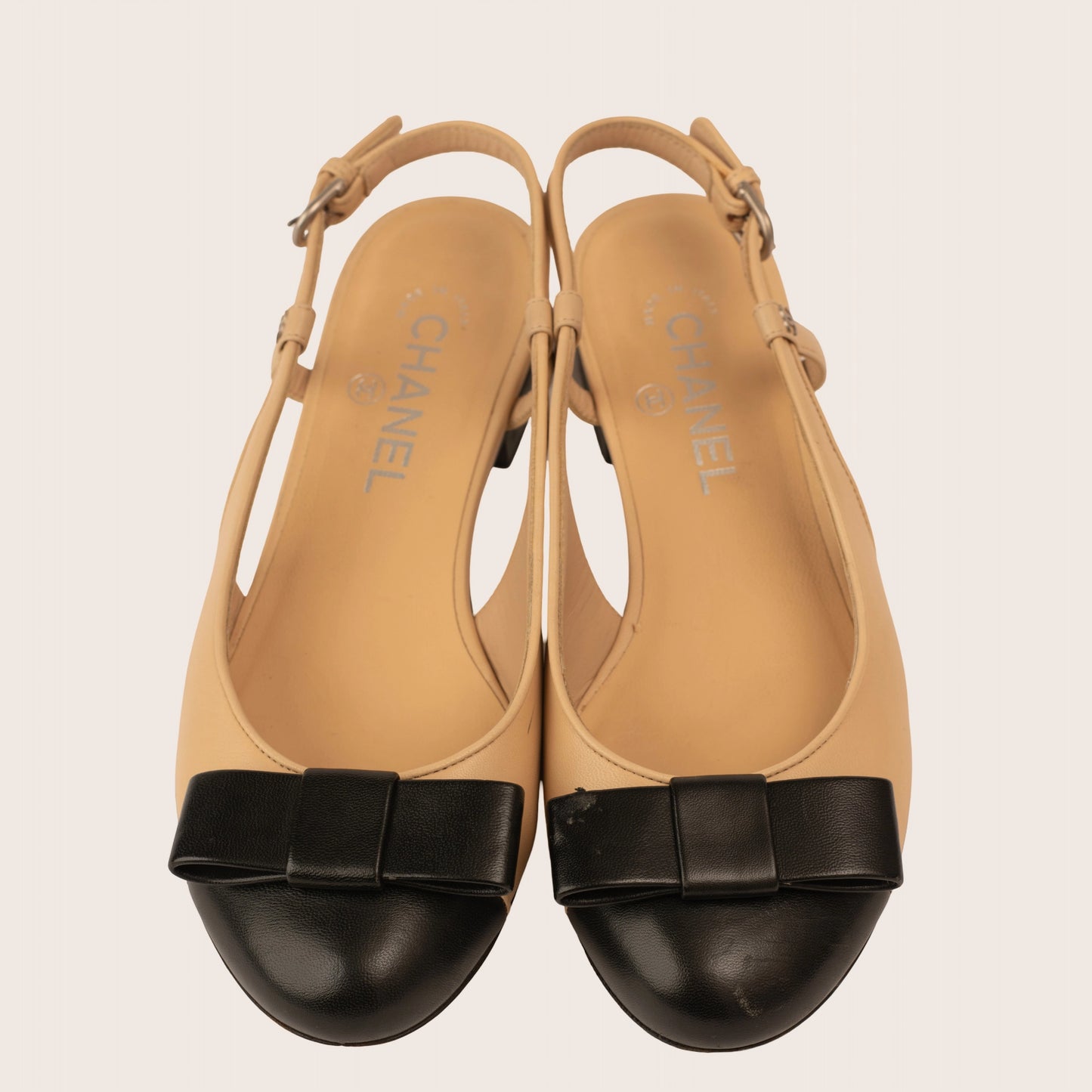 Chanel Beige & Black Slingback Flats with Bow