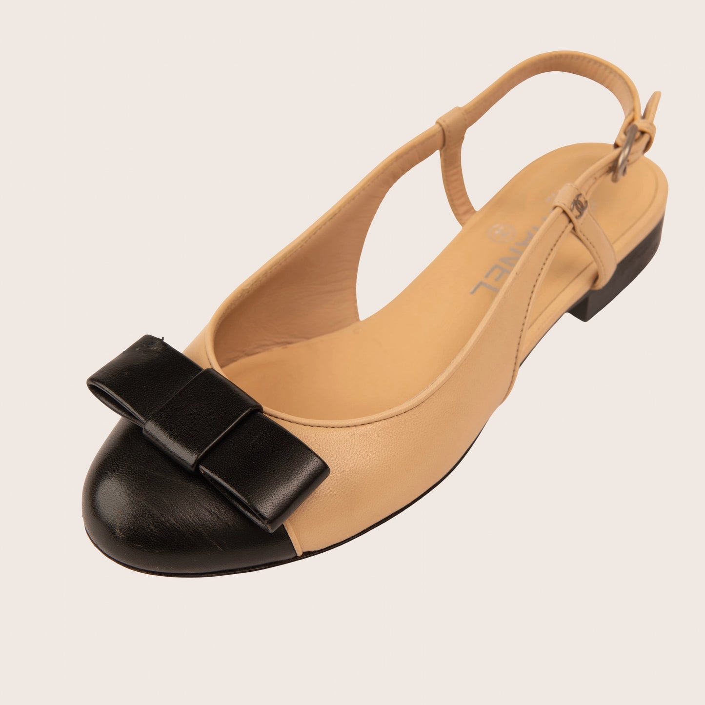 Chanel Beige & Black Slingback Flats with Bow