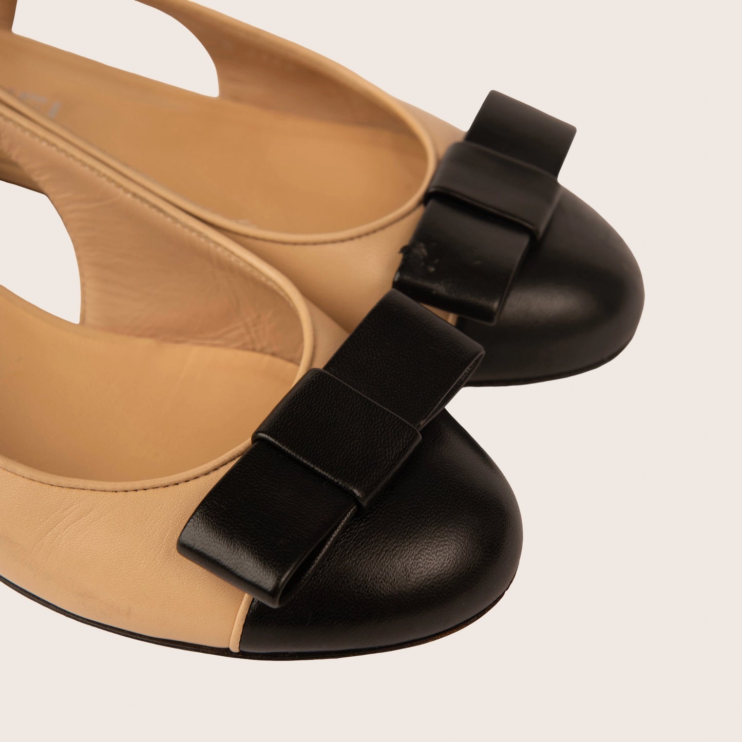 Chanel Beige & Black Slingback Flats with Bow