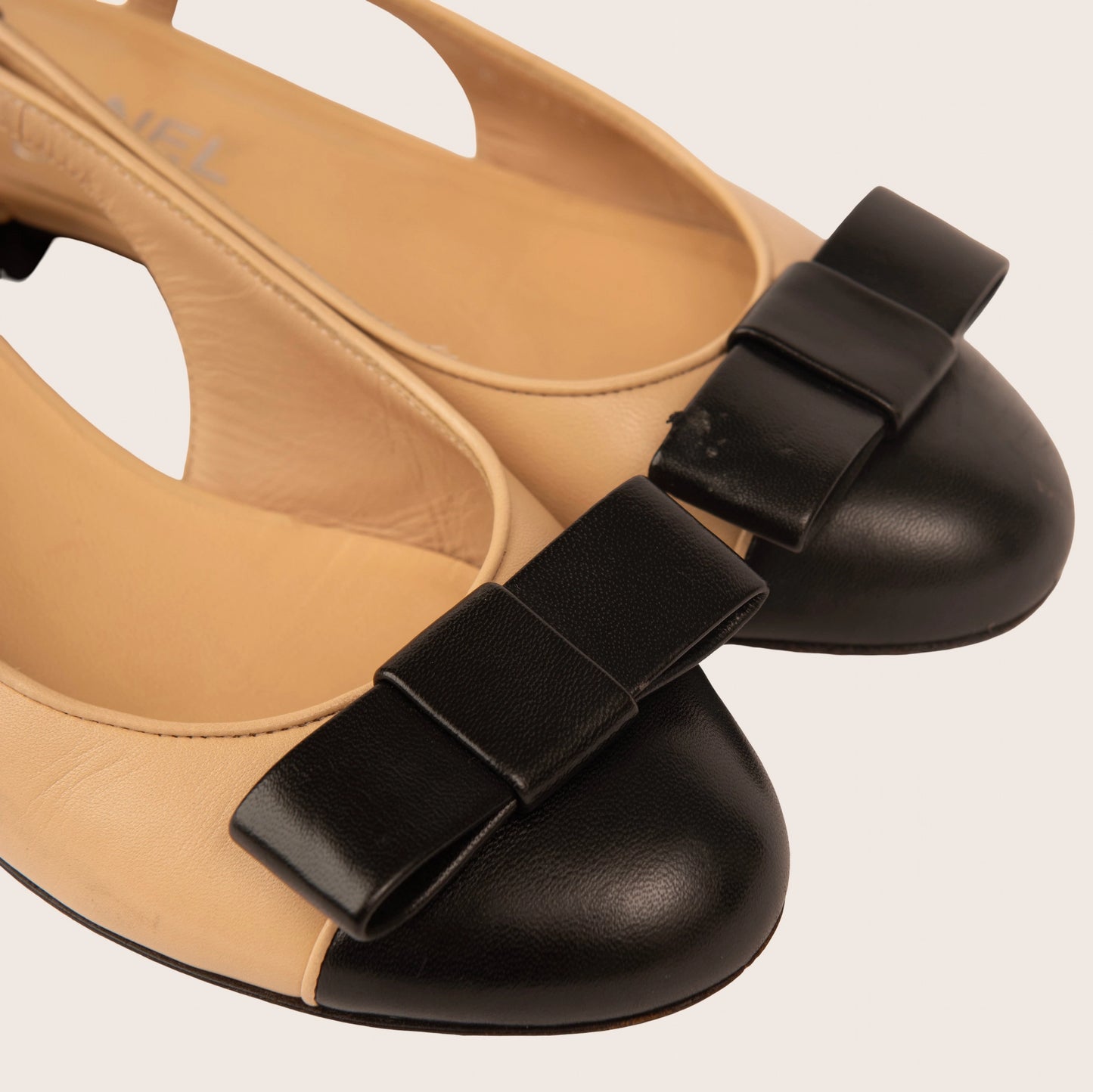Chanel Beige & Black Slingback Flats with Bow