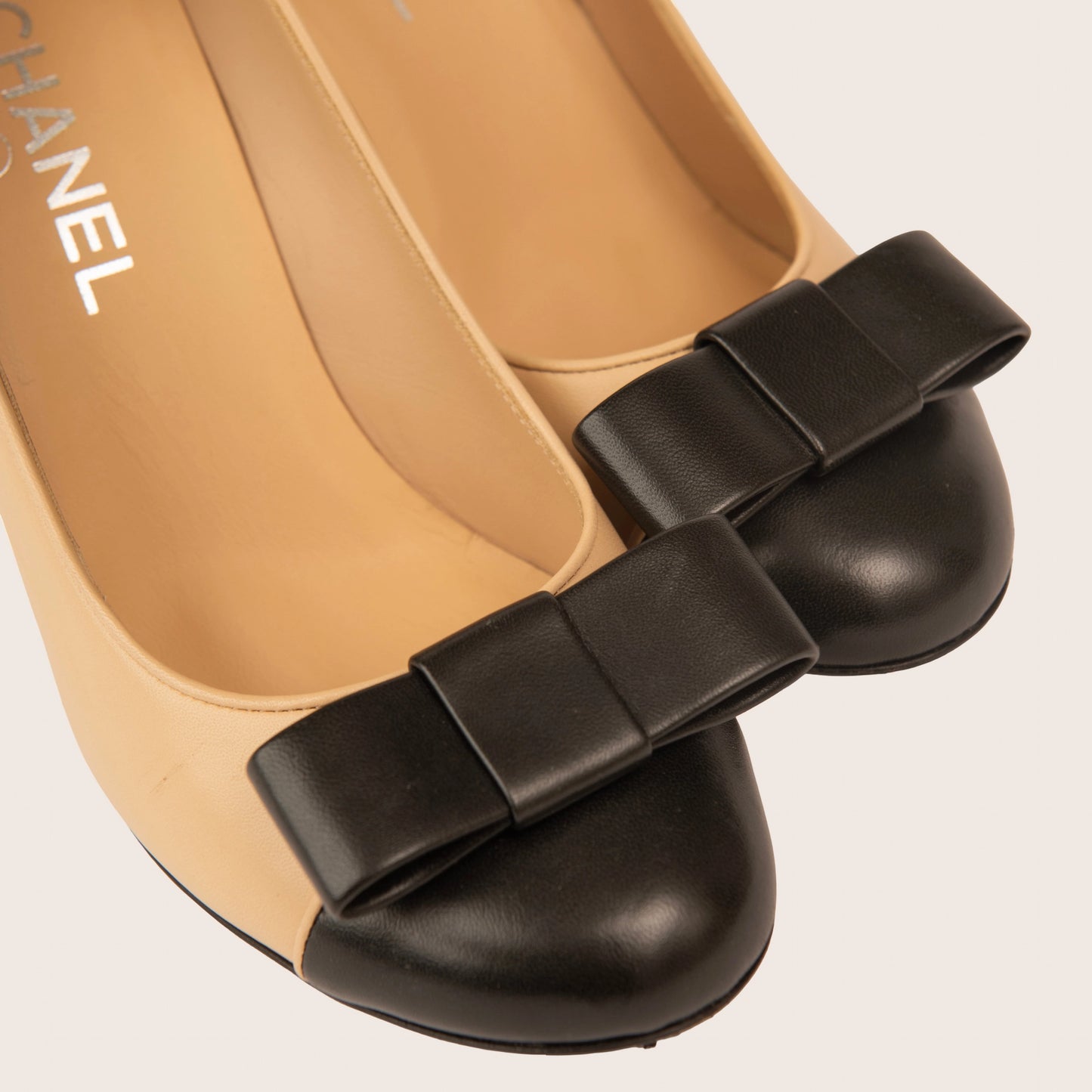 Chanel Beige & Black Cap Toe Slingback Heels