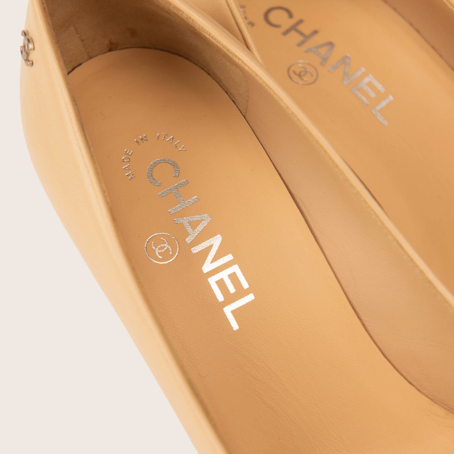 Chanel Beige & Black Cap Toe Slingback Heels
