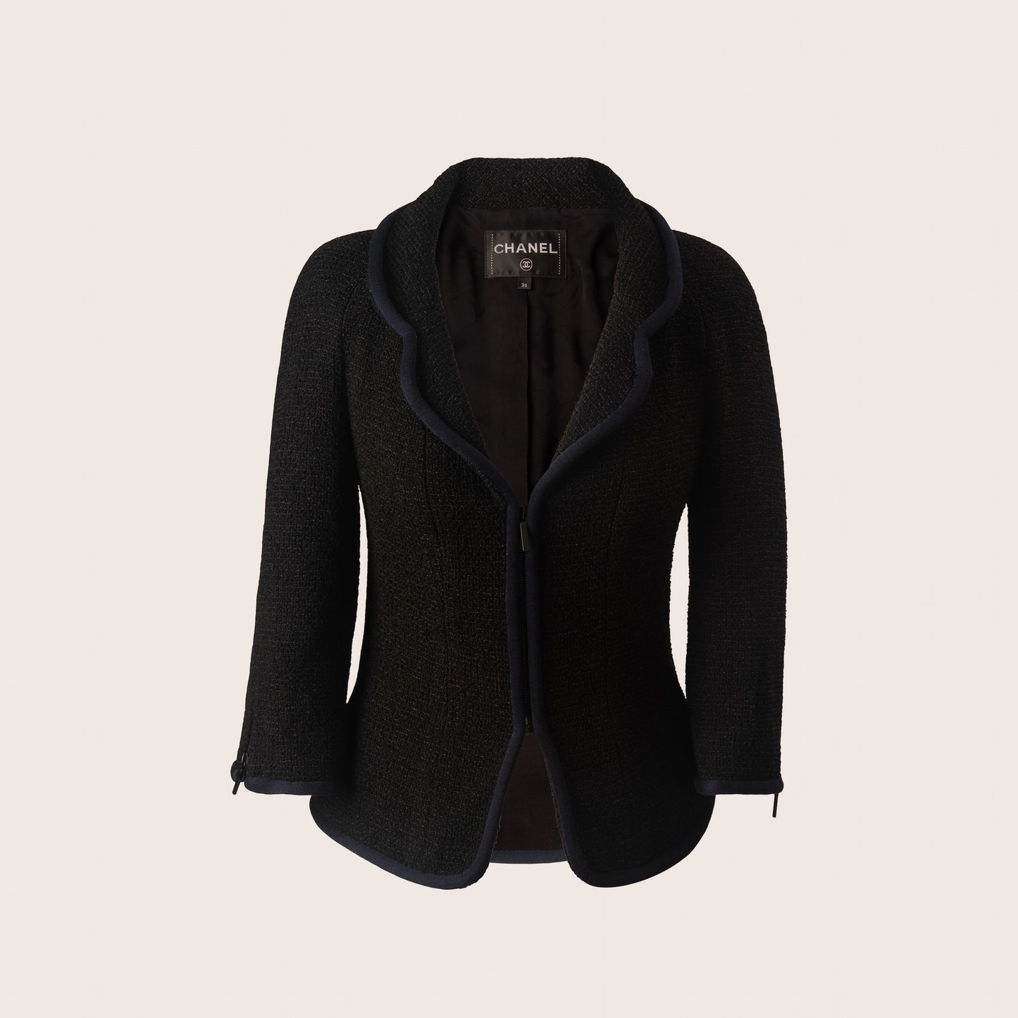 Chanel Black Tweed Jacket with Navy Trim