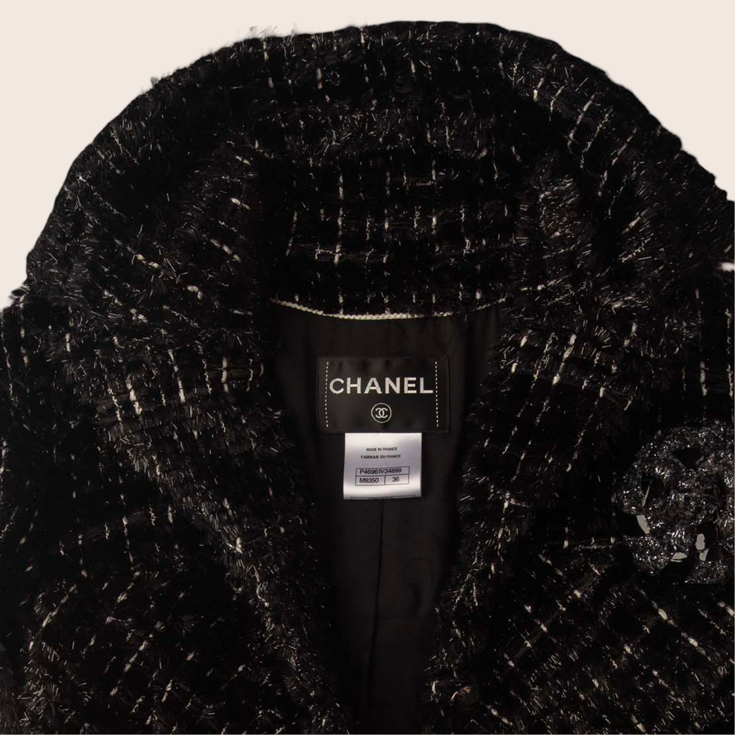 Chanel Black Tweed Jacket with Signature Flower Brooch