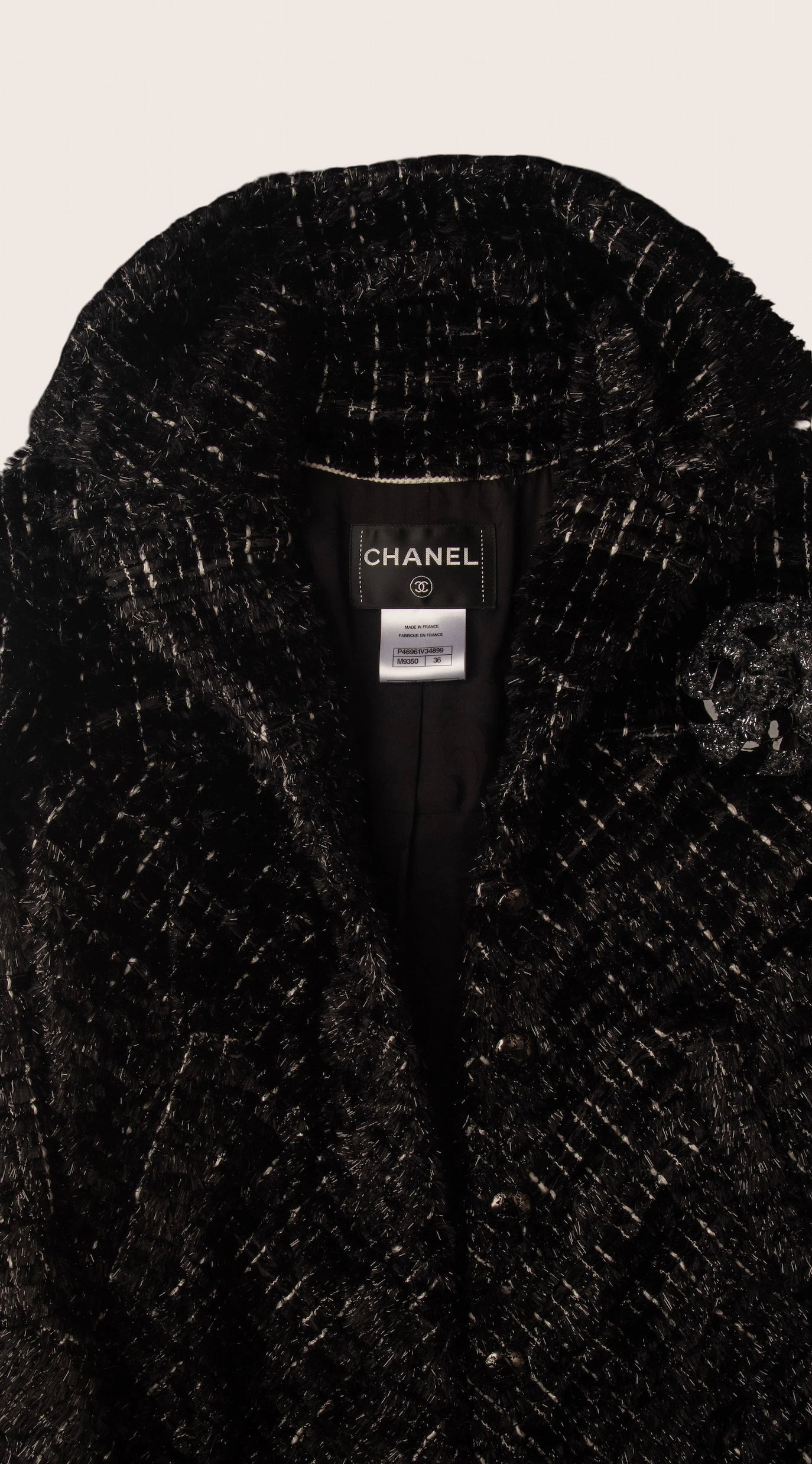 Chanel Black Tweed Jacket with Signature Flower Brooch