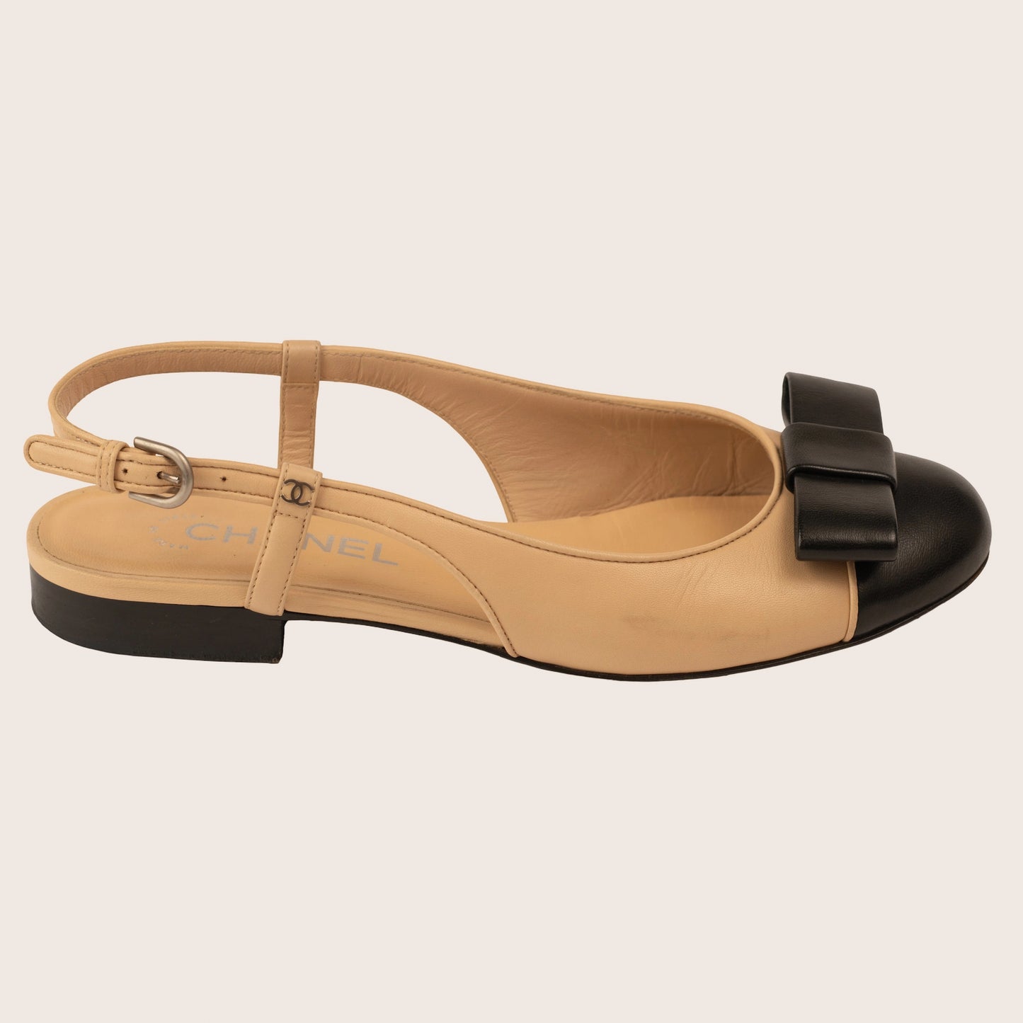 Chanel Beige & Black Slingback Flats with Bow