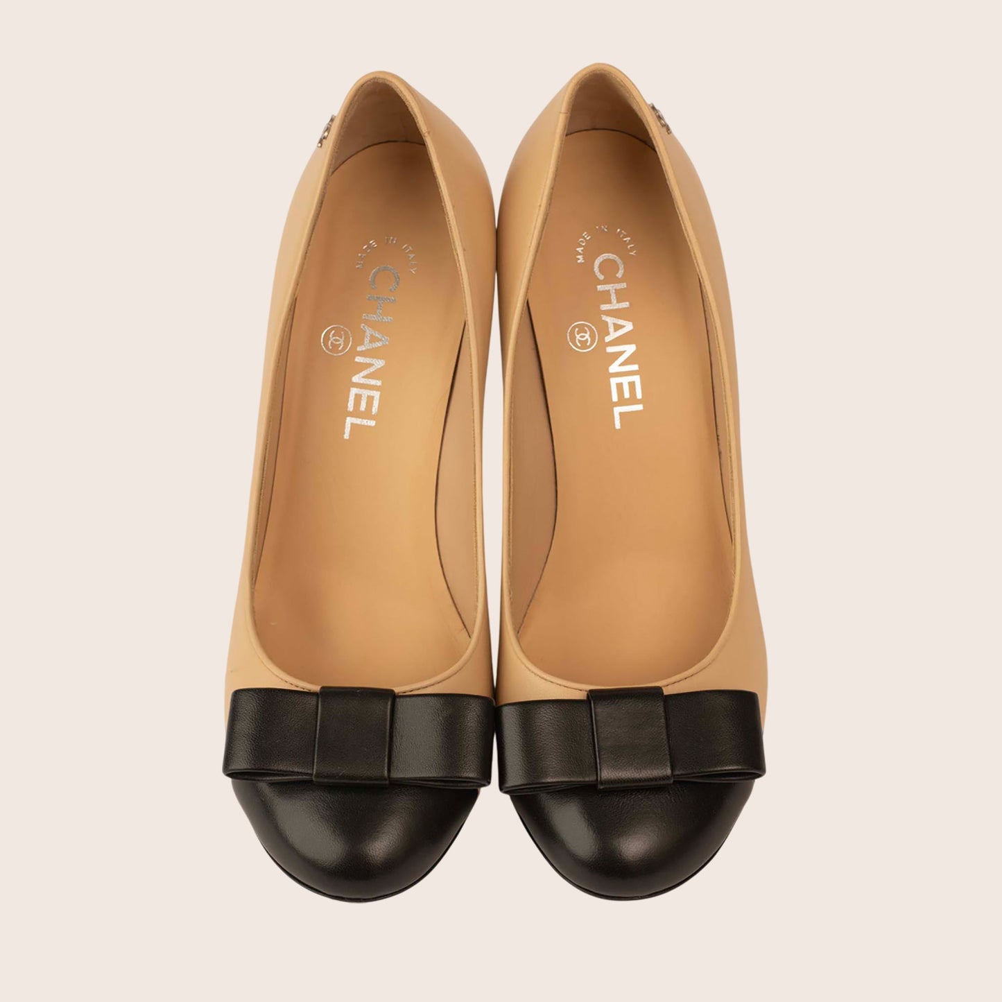 Chanel Beige & Black Cap Toe Slingback Heels
