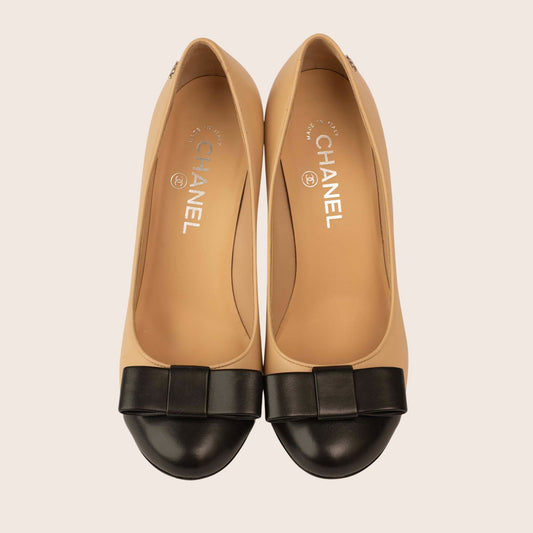 Chanel Beige & Black Cap Toe Slingback Heels
