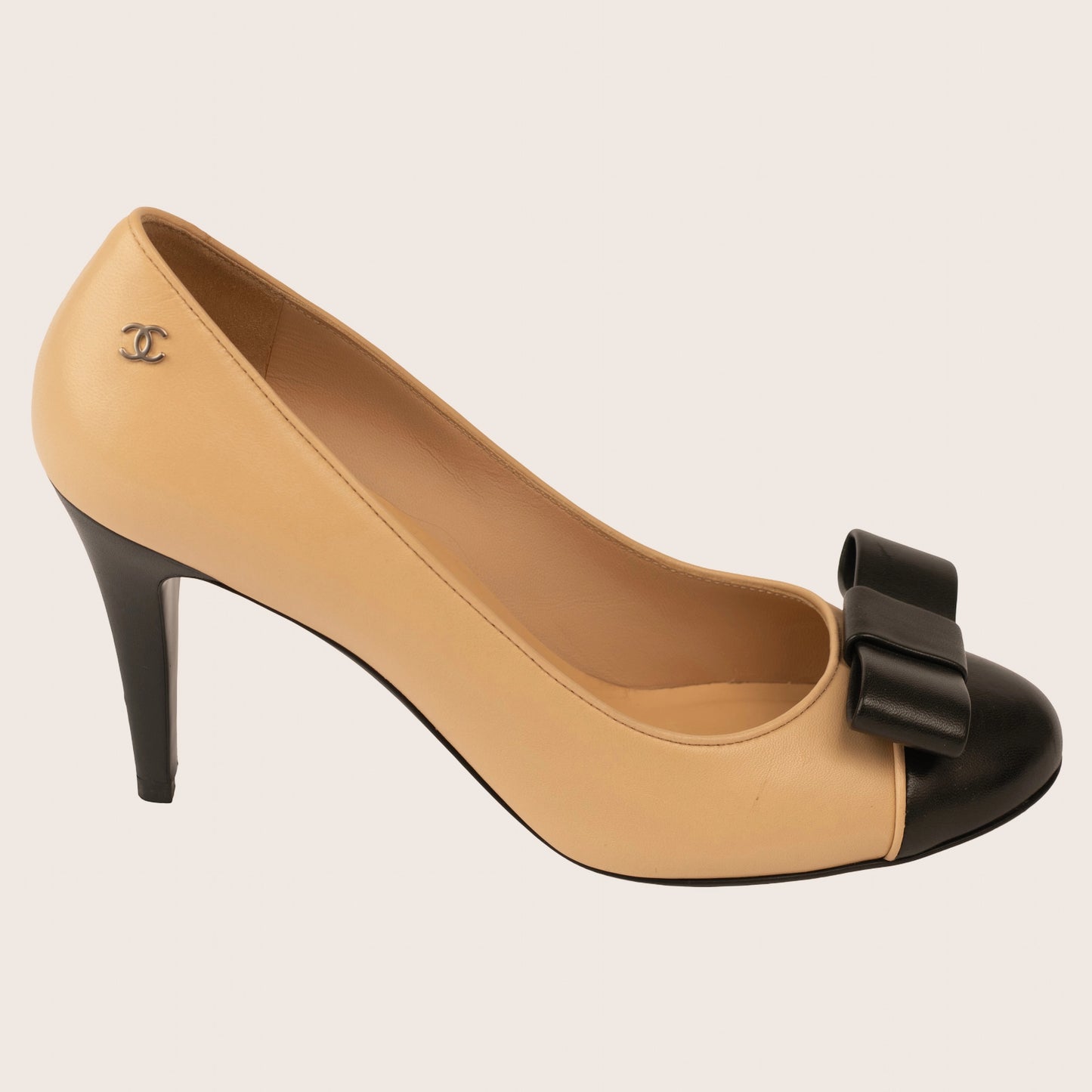 Chanel Beige & Black Cap Toe Slingback Heels