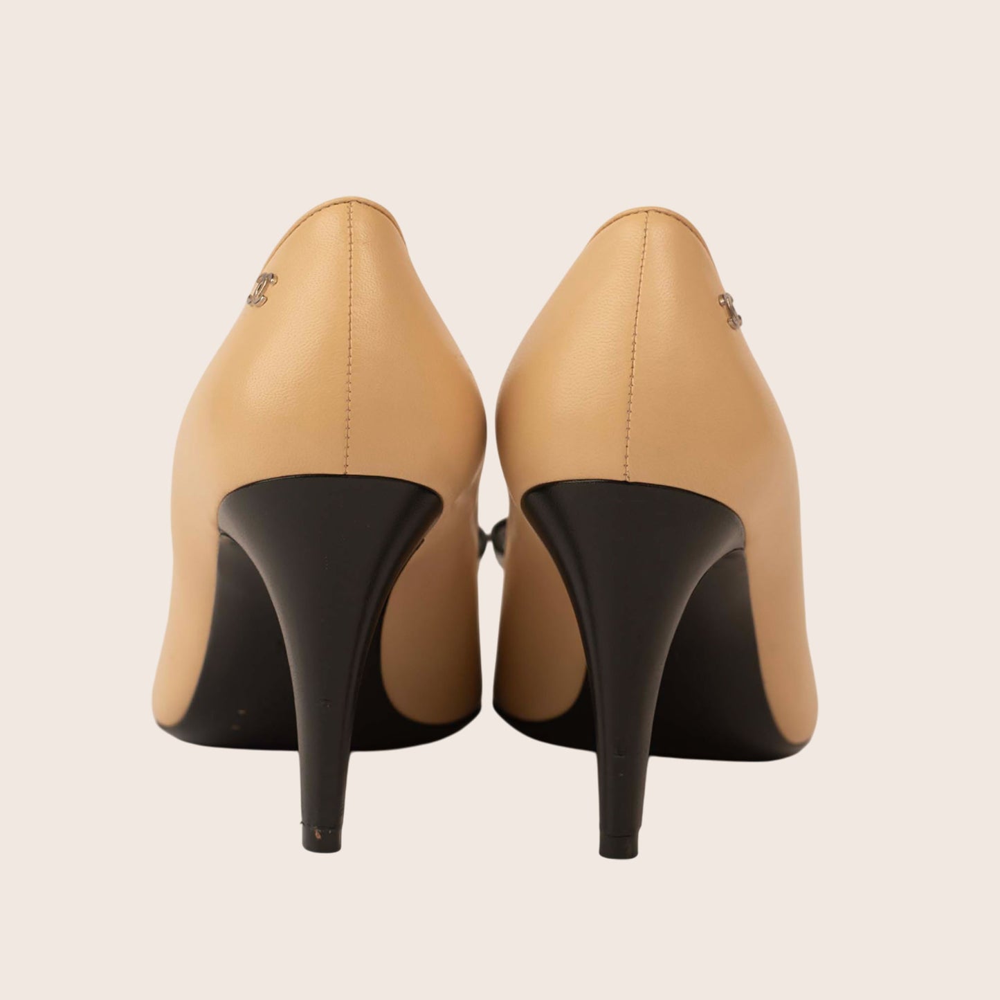 Chanel Beige & Black Cap Toe Slingback Heels