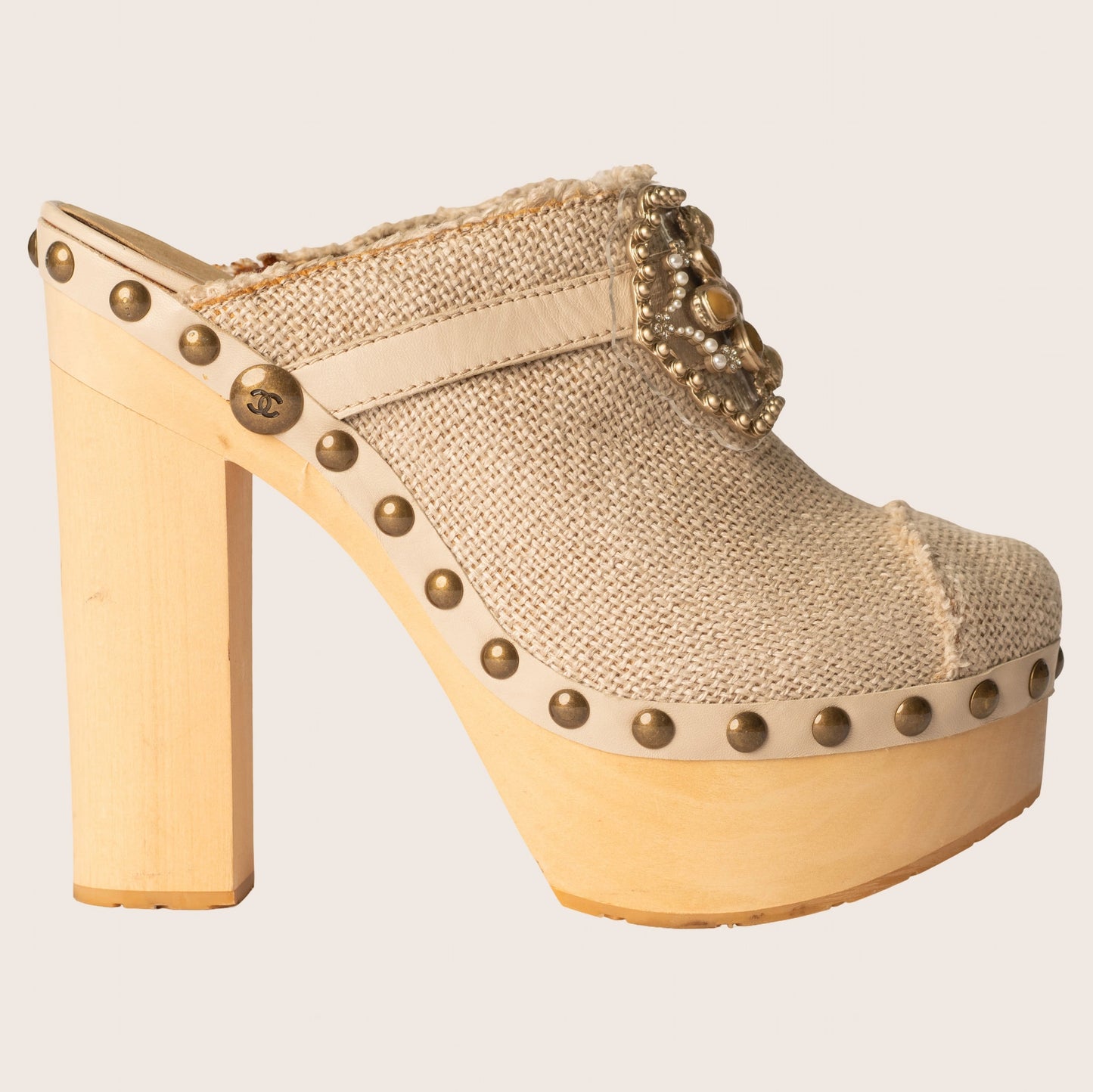 Chanel Beige Raffia Canvas Embellished Buckle Platform Clogs