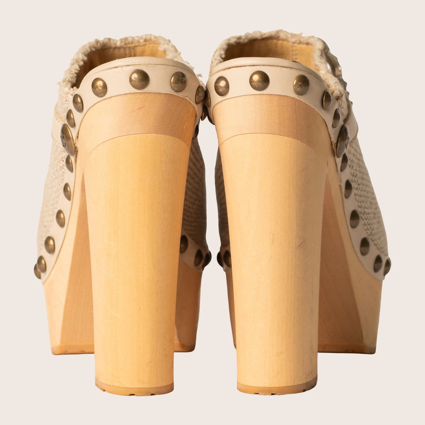 Chanel Beige Raffia Canvas Embellished Buckle Platform Clogs