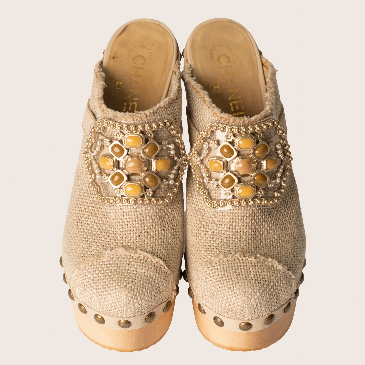 Chanel Beige Raffia Canvas Embellished Buckle Platform Clogs