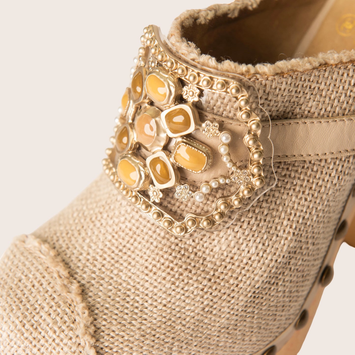 Chanel Beige Raffia Canvas Embellished Buckle Platform Clogs