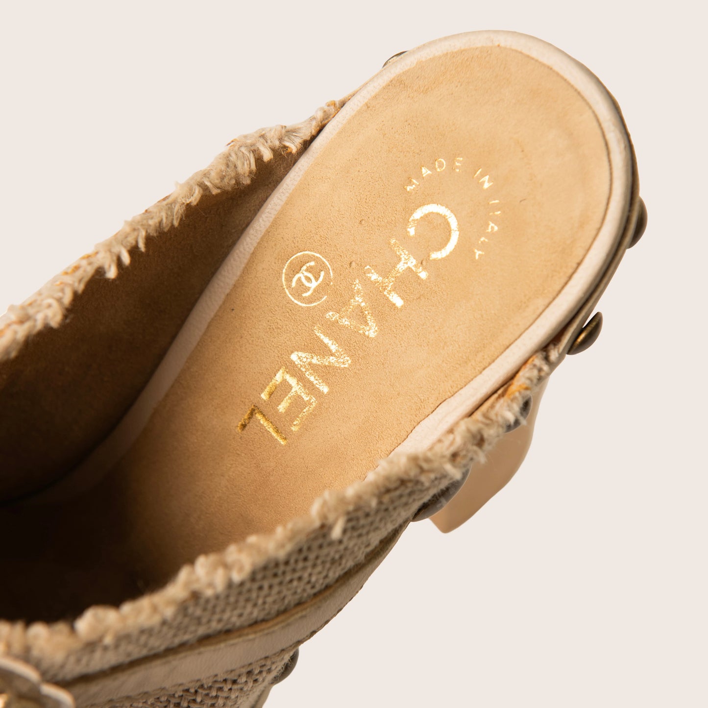 Chanel Beige Raffia Canvas Embellished Buckle Platform Clogs