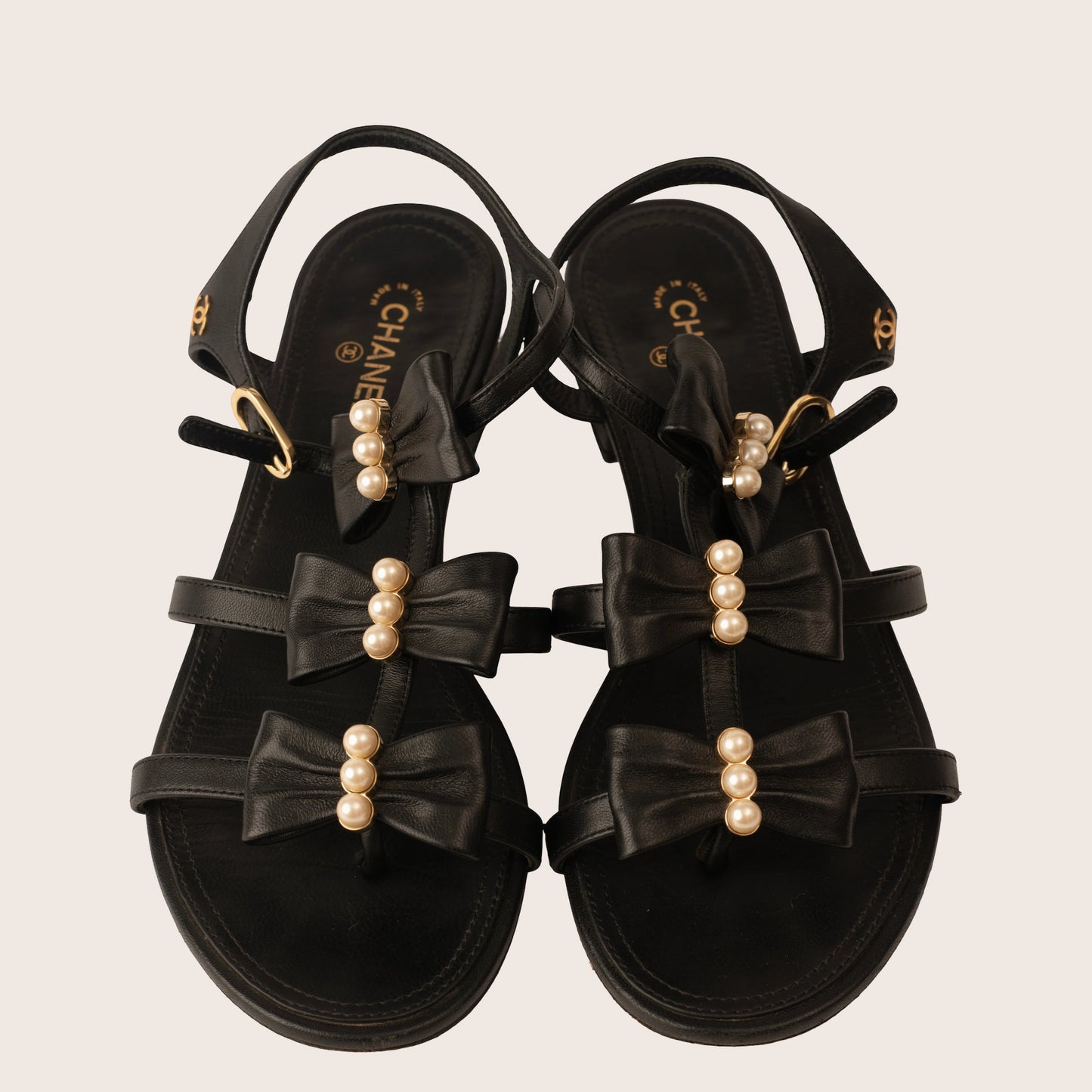 Chanel Black Leather Sandals with Pearl Bow Detailing