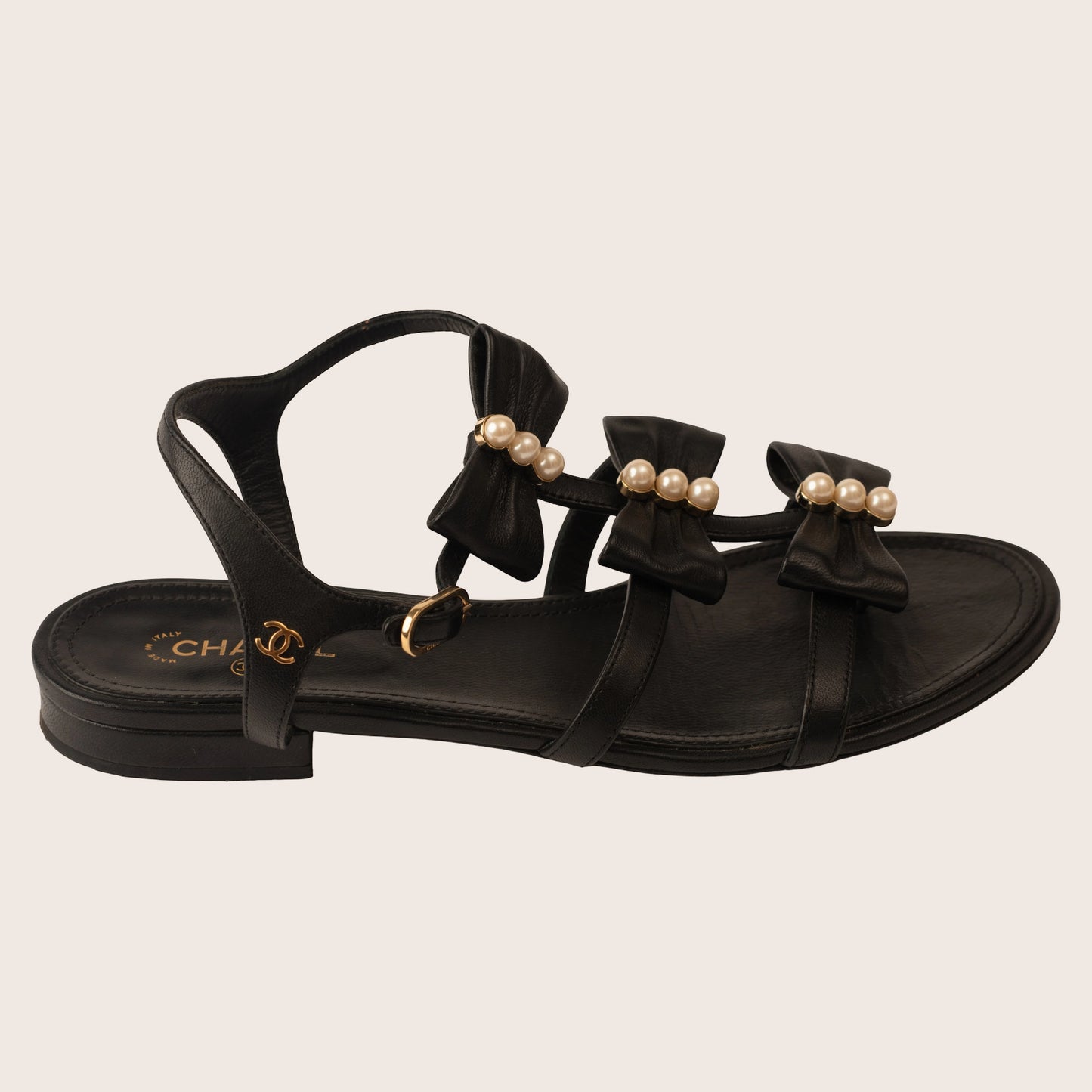 Chanel Black Leather Sandals with Pearl Bow Detailing