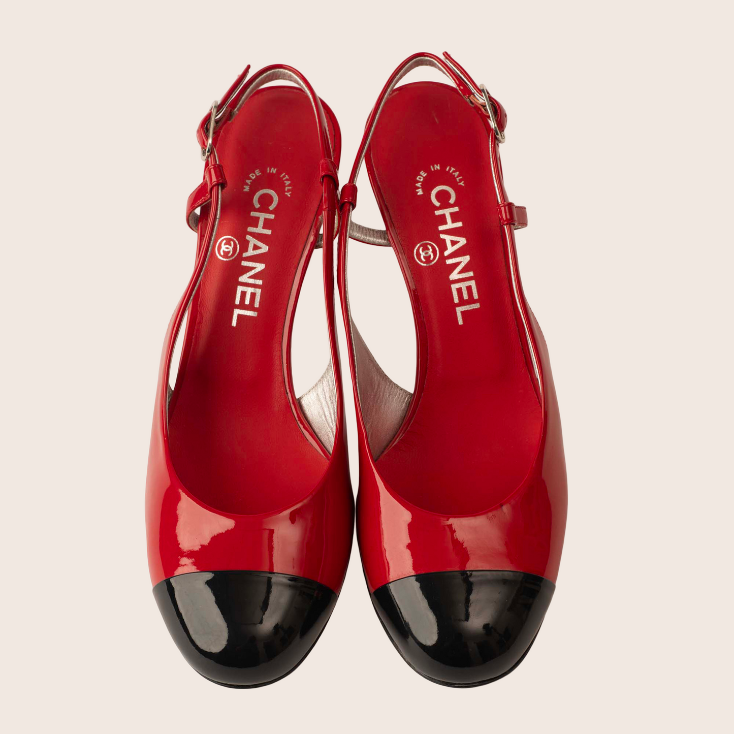 Chanel Red Patent Slingback Heels with Black Cap Toe and Silver Heel