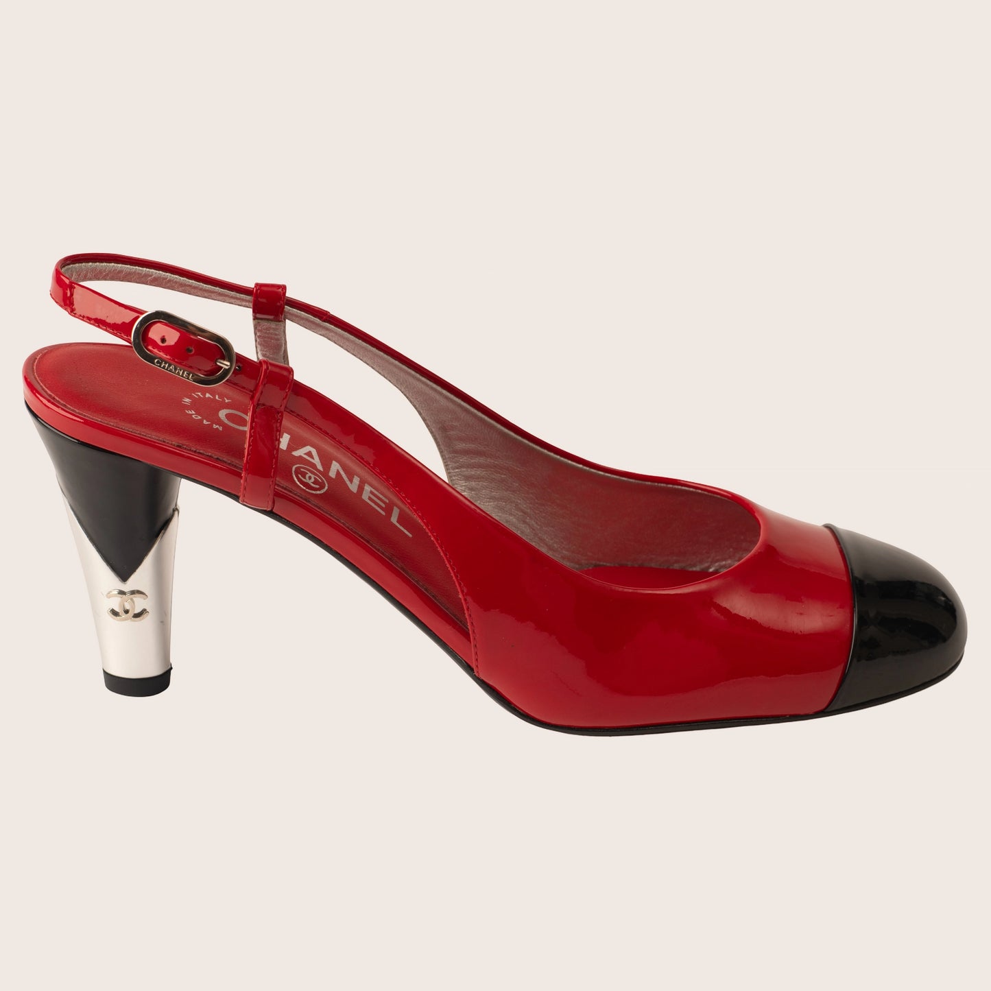 Chanel Red Patent Slingback Heels with Black Cap Toe and Silver Heel