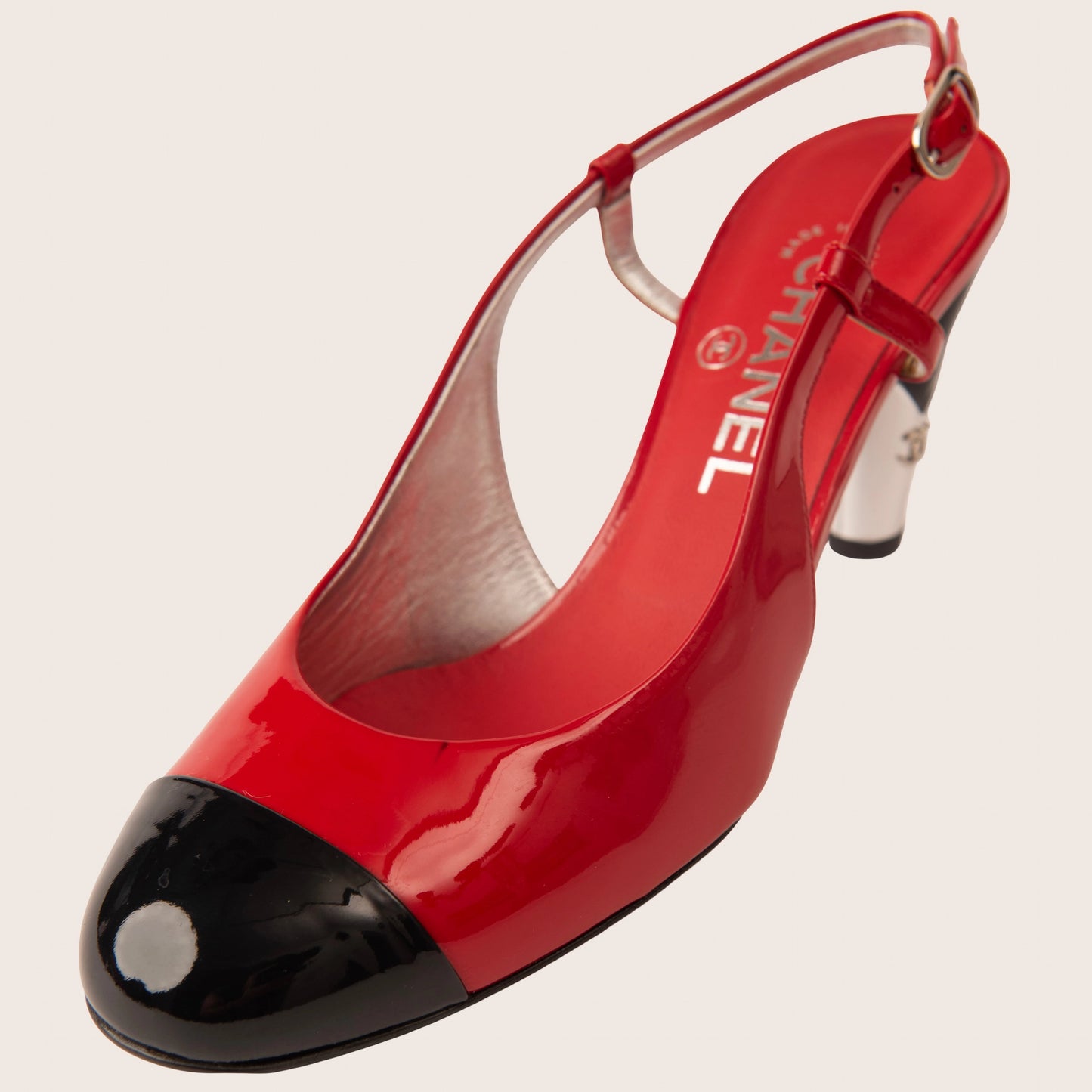 Chanel Red Patent Slingback Heels with Black Cap Toe and Silver Heel
