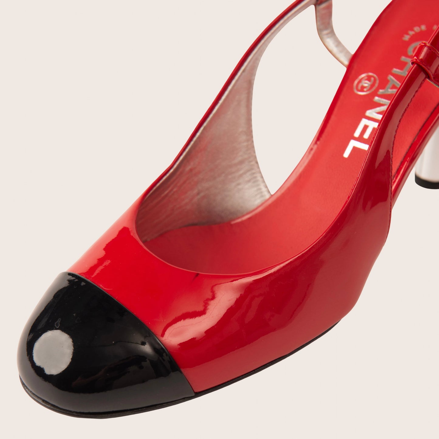 Chanel Red Patent Slingback Heels with Black Cap Toe and Silver Heel