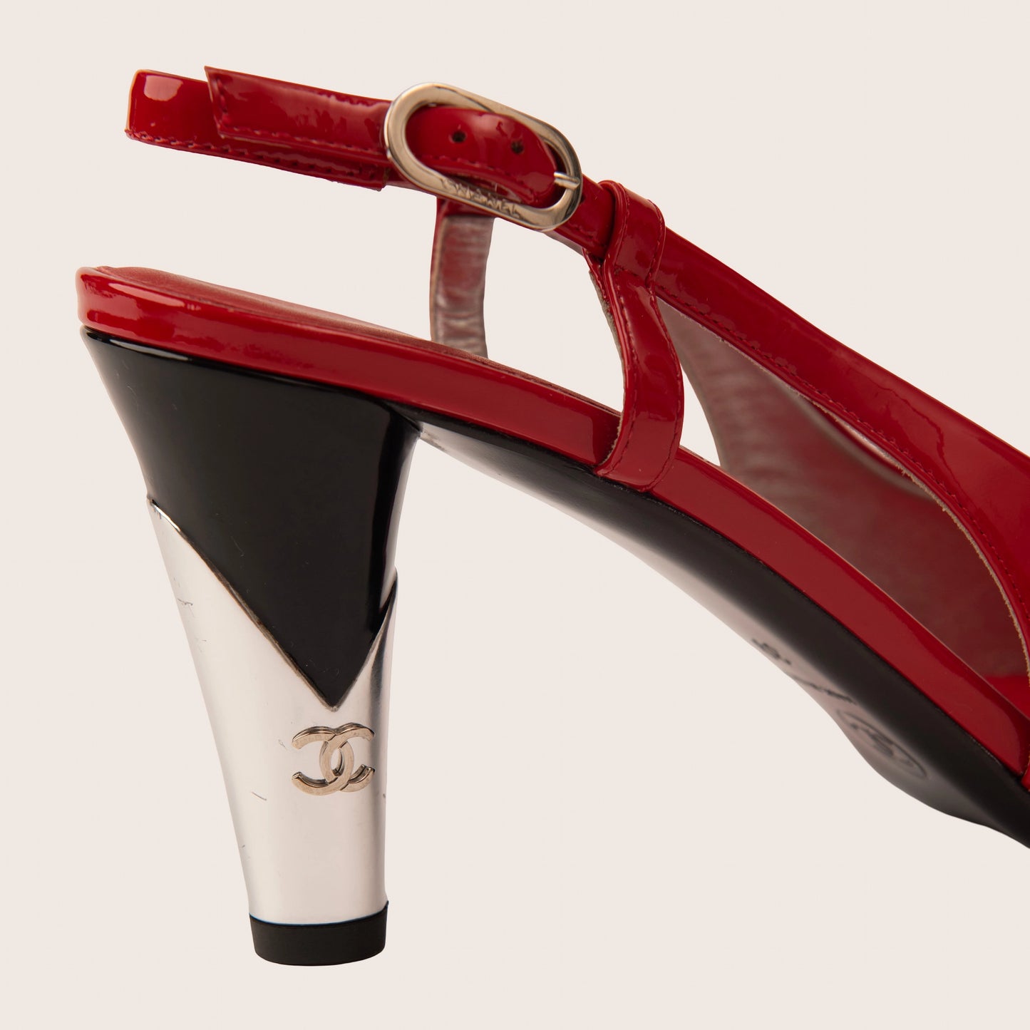 Chanel Red Patent Slingback Heels with Black Cap Toe and Silver Heel