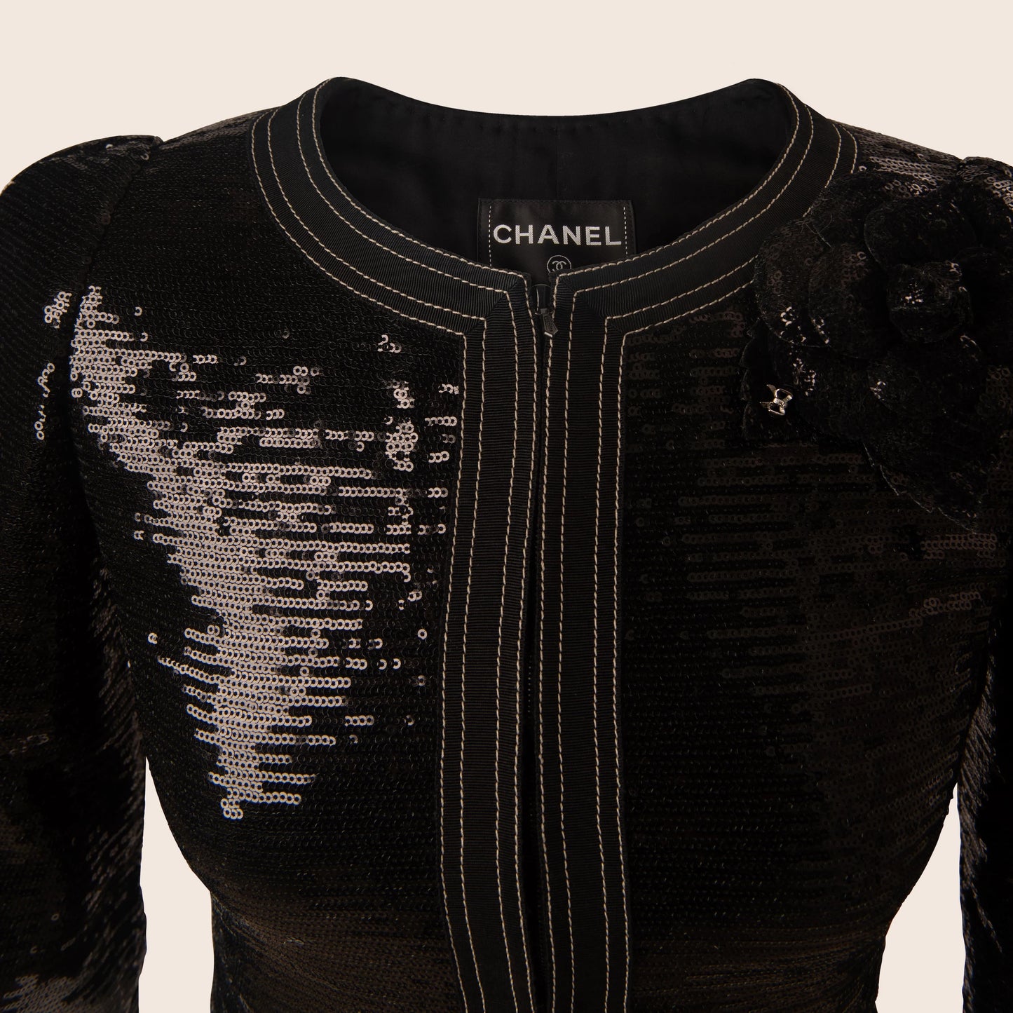 Chanel Black Sequin Jacket with Embellished Floral Detail